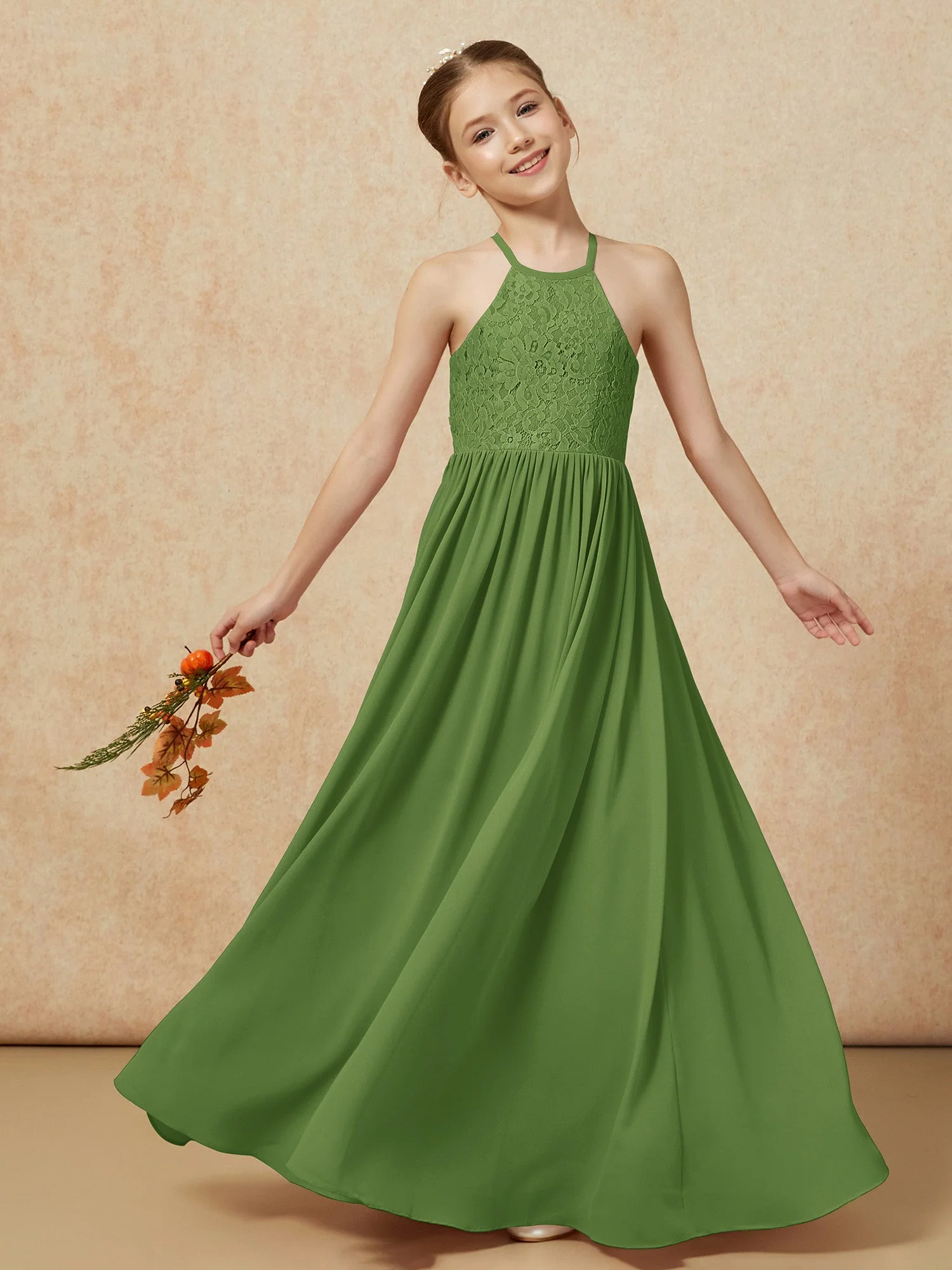 Plissee Spitzen Chiffon Lang Junge Brautjungfernkleider Moos - Image 7