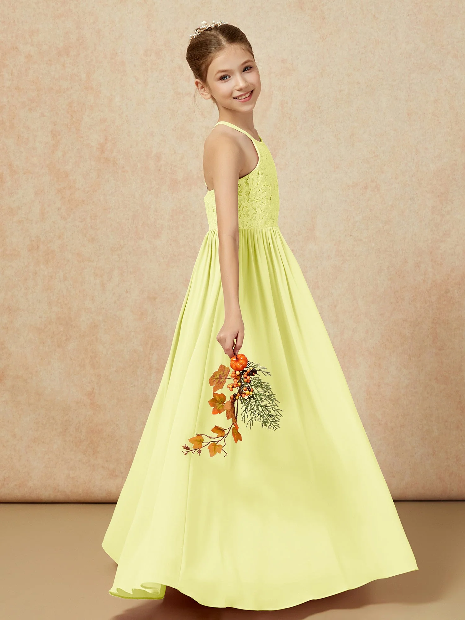Plissee Spitzen Chiffon Lang Junge Brautjungfernkleider Narzisse - Image 6