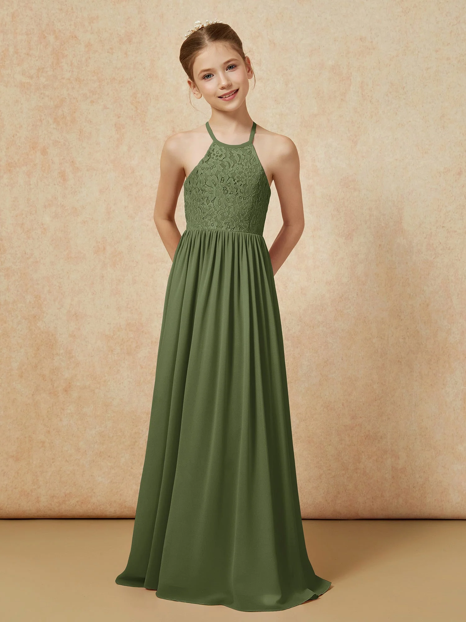 Plissee Spitzen Chiffon Lang Junge Brautjungfernkleider Olivgrün - Image 4