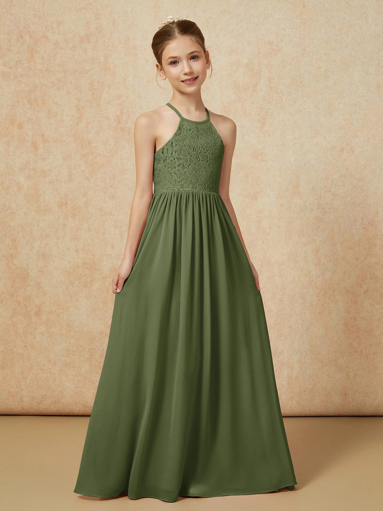 Plissee Spitzen Chiffon Lang Junge Brautjungfernkleider Olivgrün - Image 5
