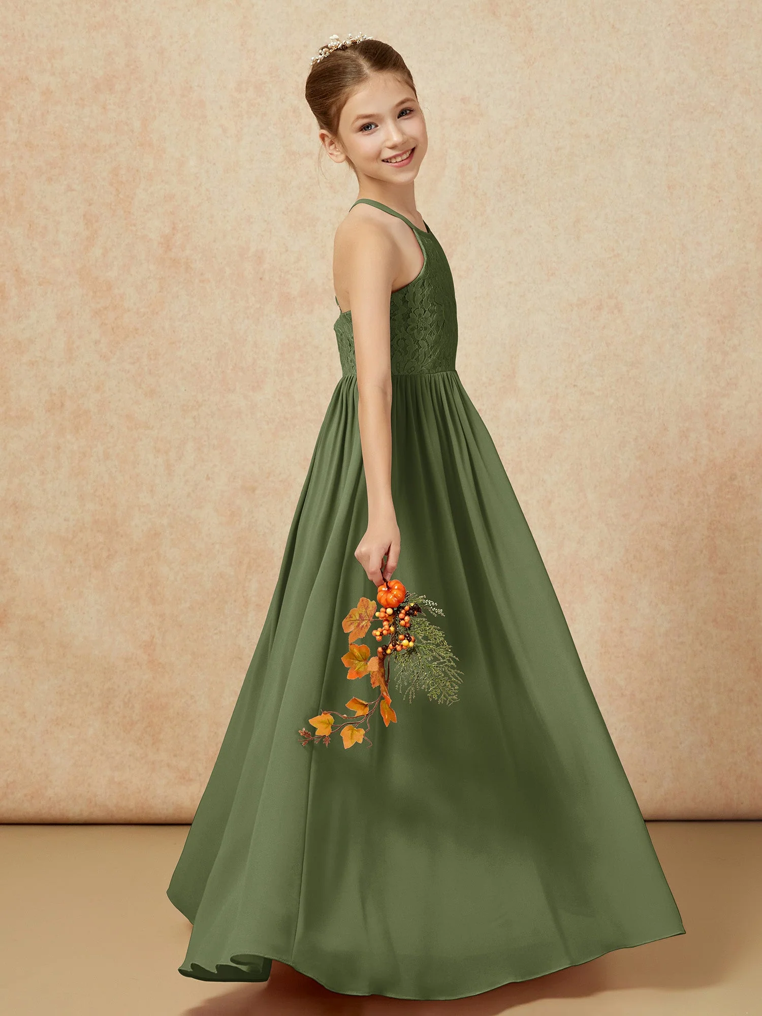 Plissee Spitzen Chiffon Lang Junge Brautjungfernkleider Olivgrün - Image 6