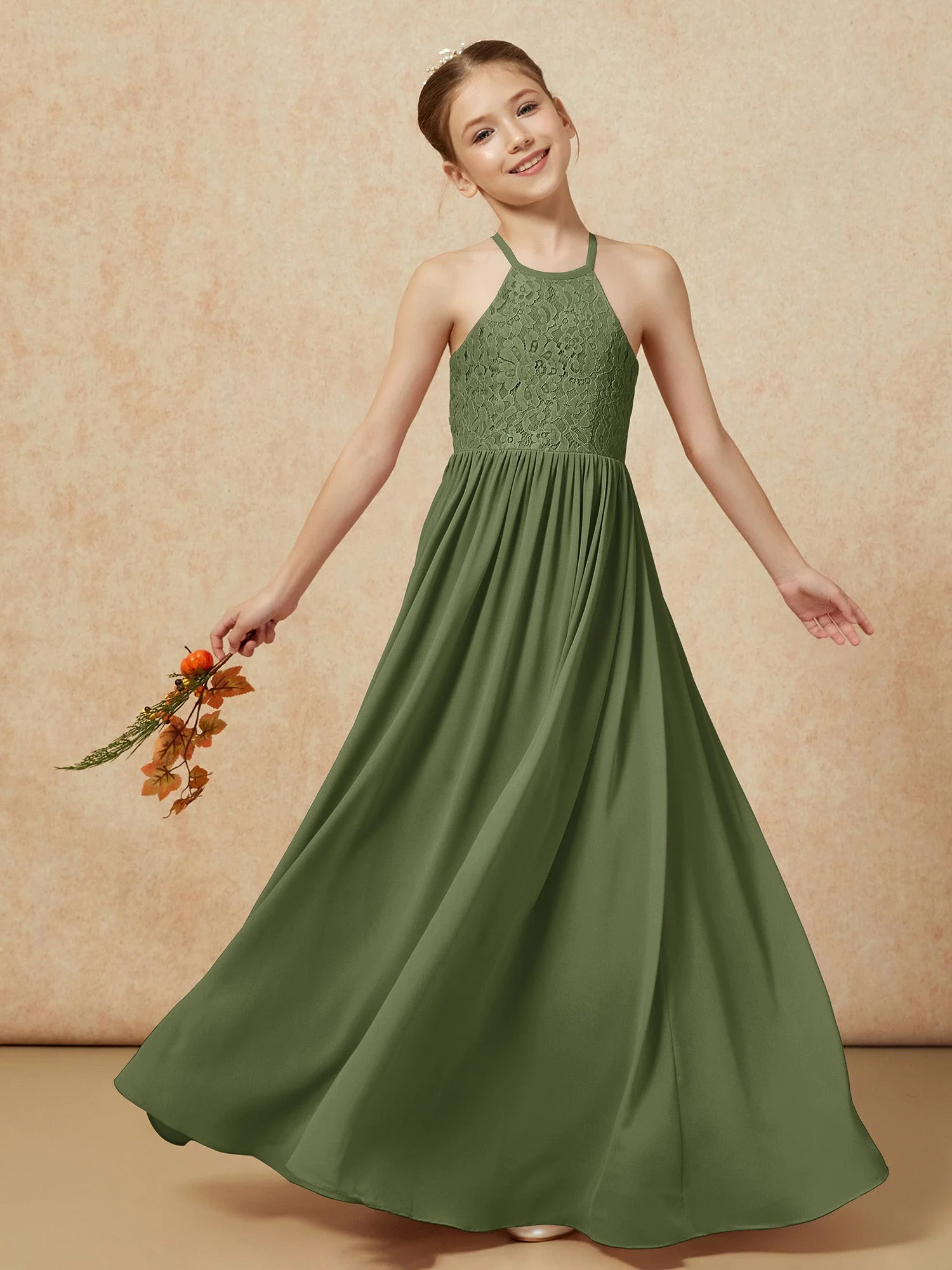 Plissee Spitzen Chiffon Lang Junge Brautjungfernkleider Olivgrün - Image 7
