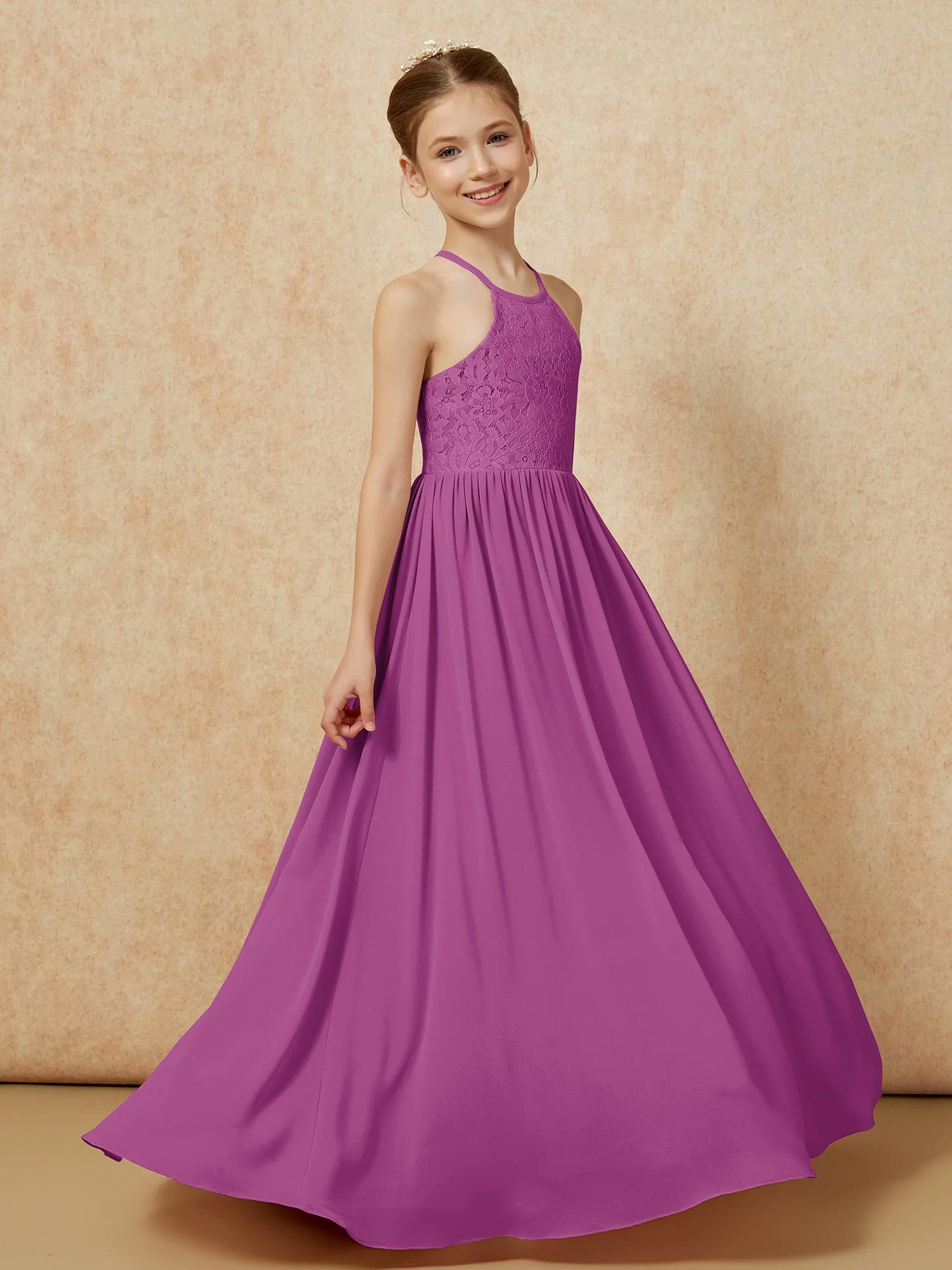 Plissee Spitzen Chiffon Lang Junge Brautjungfernkleider Orchidee - Image 3