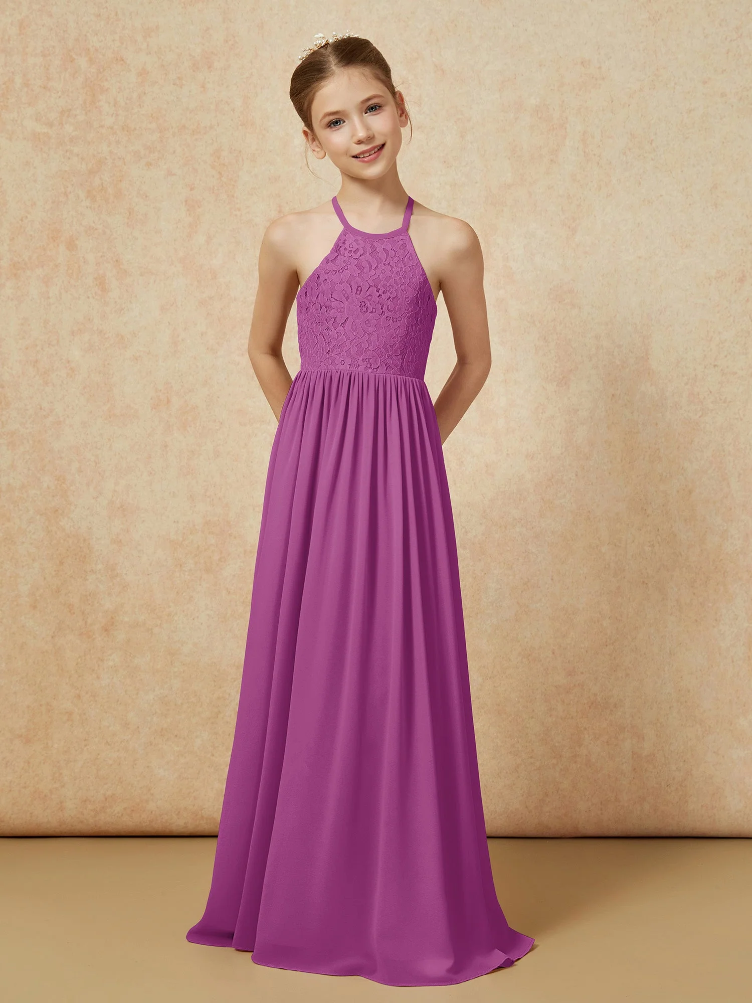 Plissee Spitzen Chiffon Lang Junge Brautjungfernkleider Orchidee - Image 4