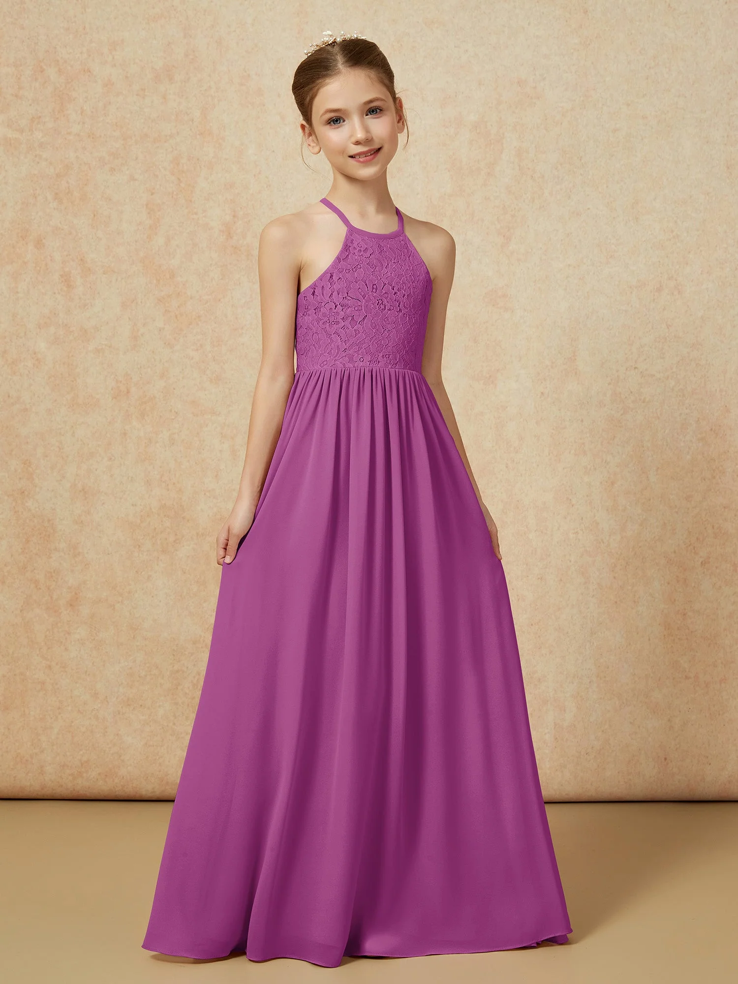 Plissee Spitzen Chiffon Lang Junge Brautjungfernkleider Orchidee - Image 5