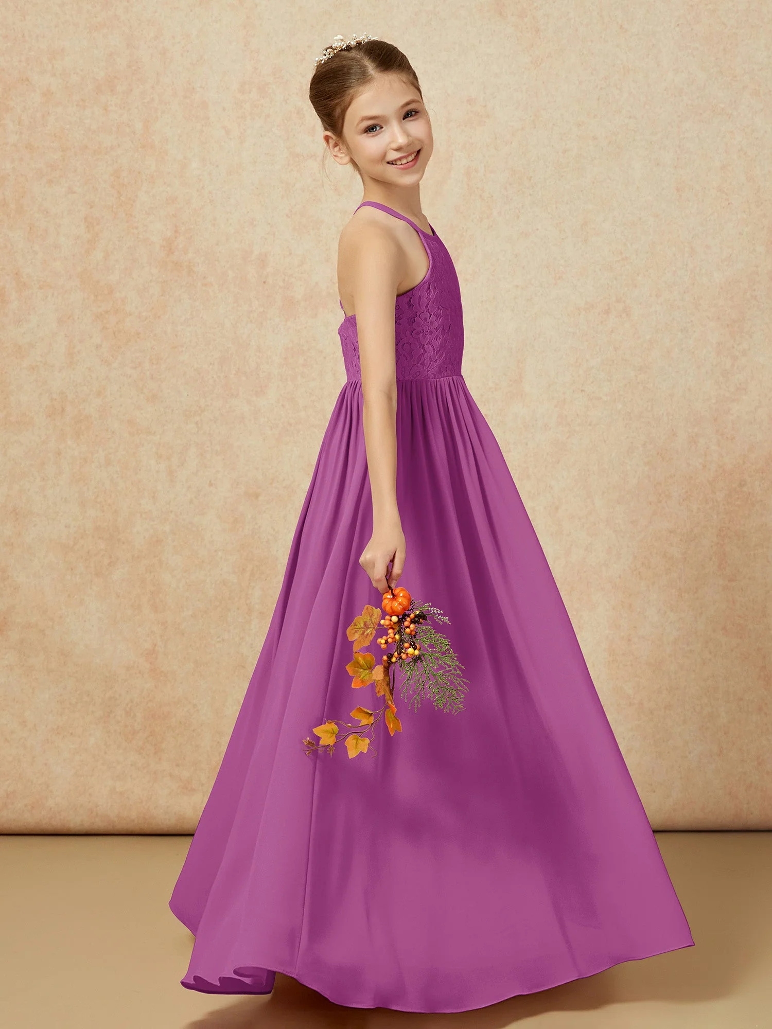 Plissee Spitzen Chiffon Lang Junge Brautjungfernkleider Orchidee - Image 6
