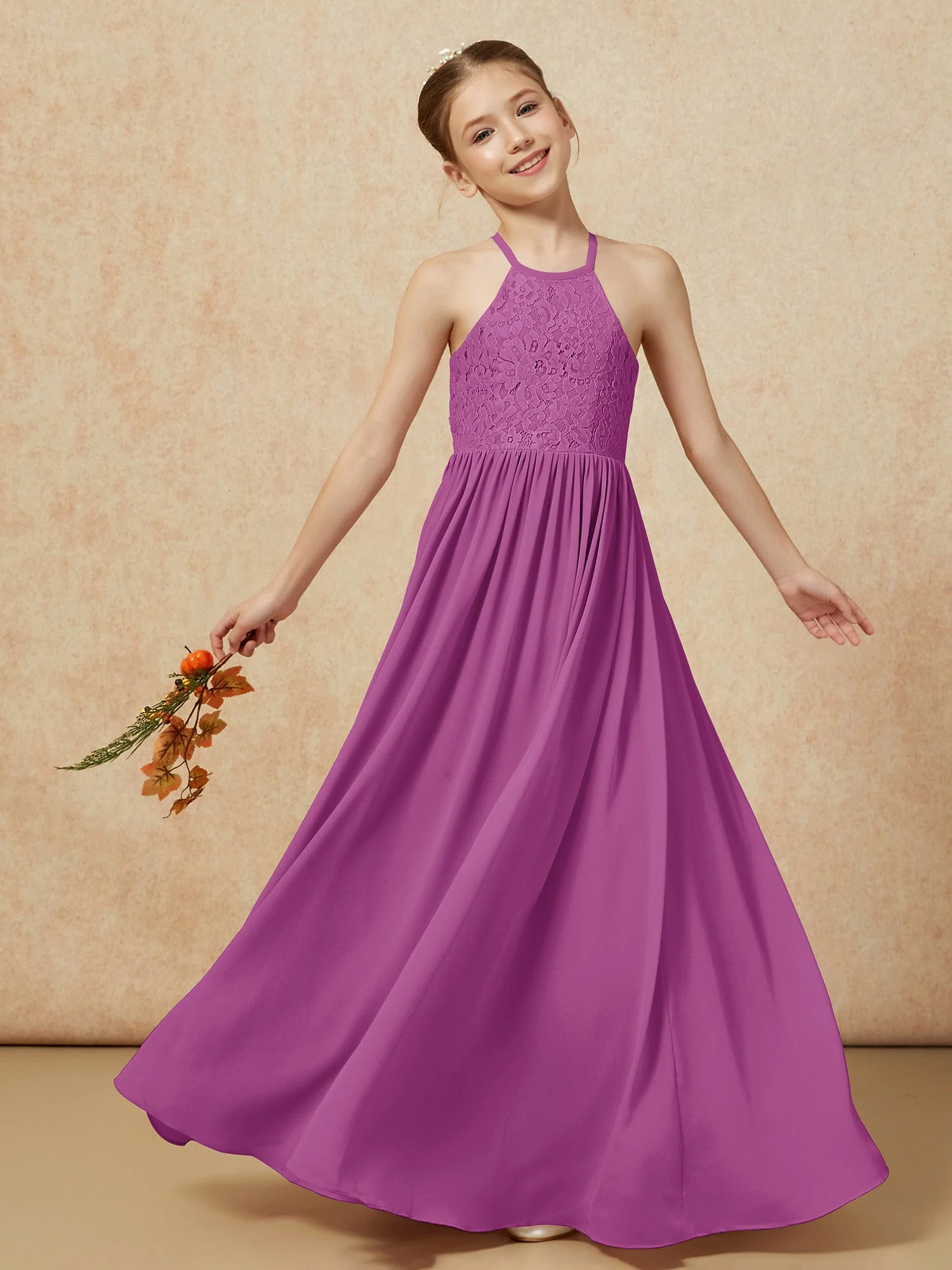 Plissee Spitzen Chiffon Lang Junge Brautjungfernkleider Orchidee - Image 7