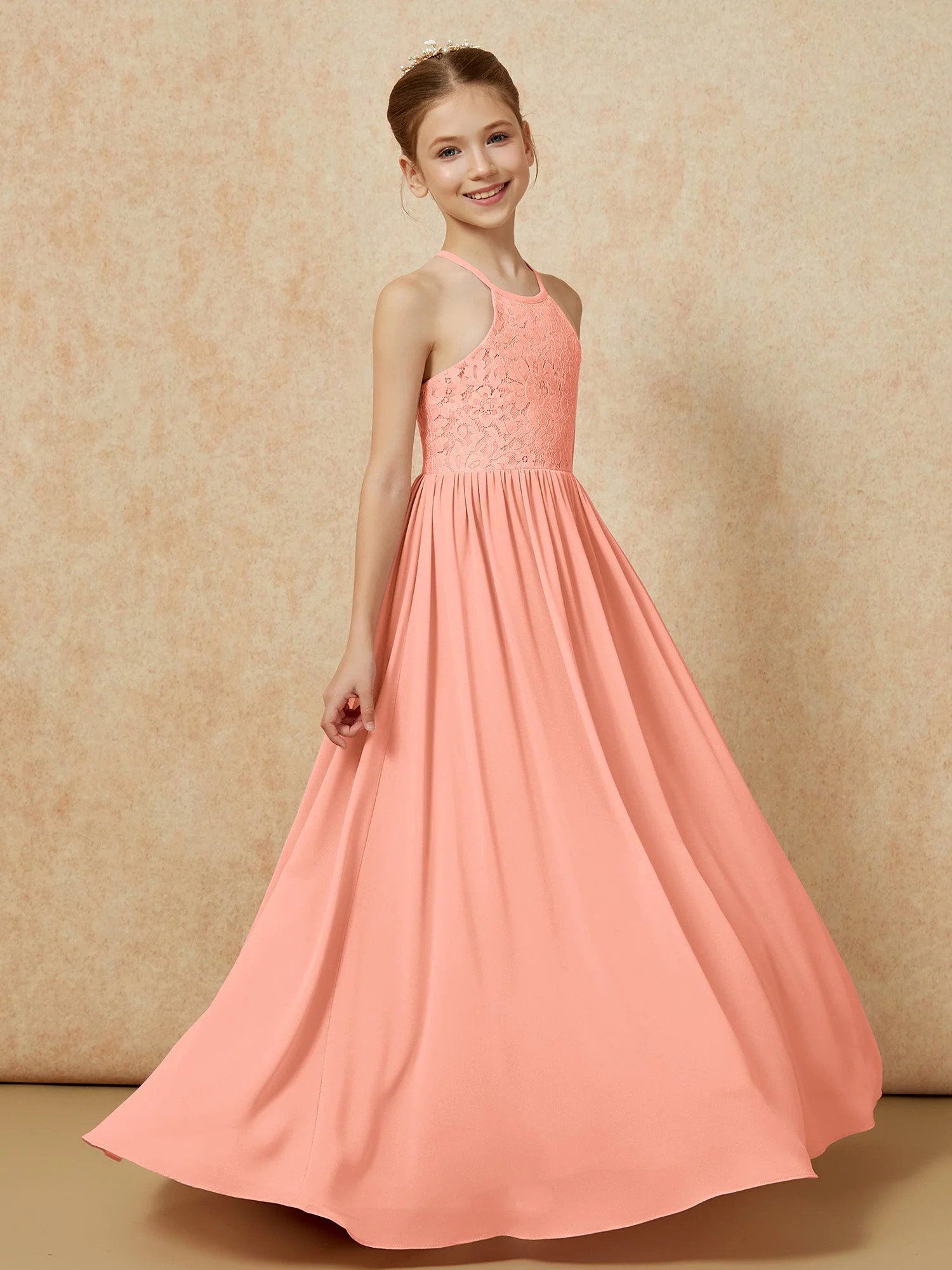 Plissee Spitzen Chiffon Lang Junge Brautjungfernkleider Papaya - Image 3