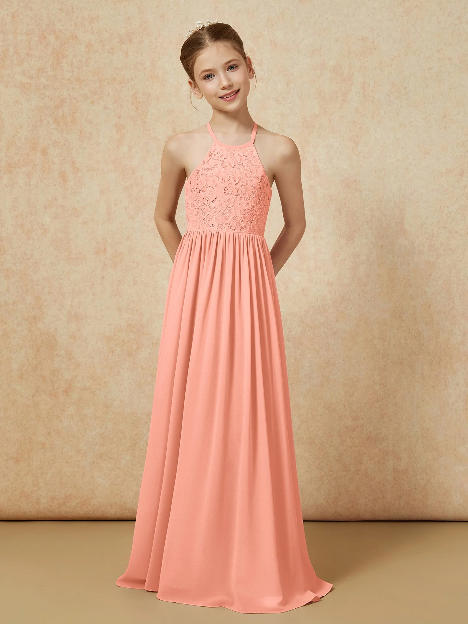 Plissee Spitzen Chiffon Lang Junge Brautjungfernkleider Papaya - Image 4