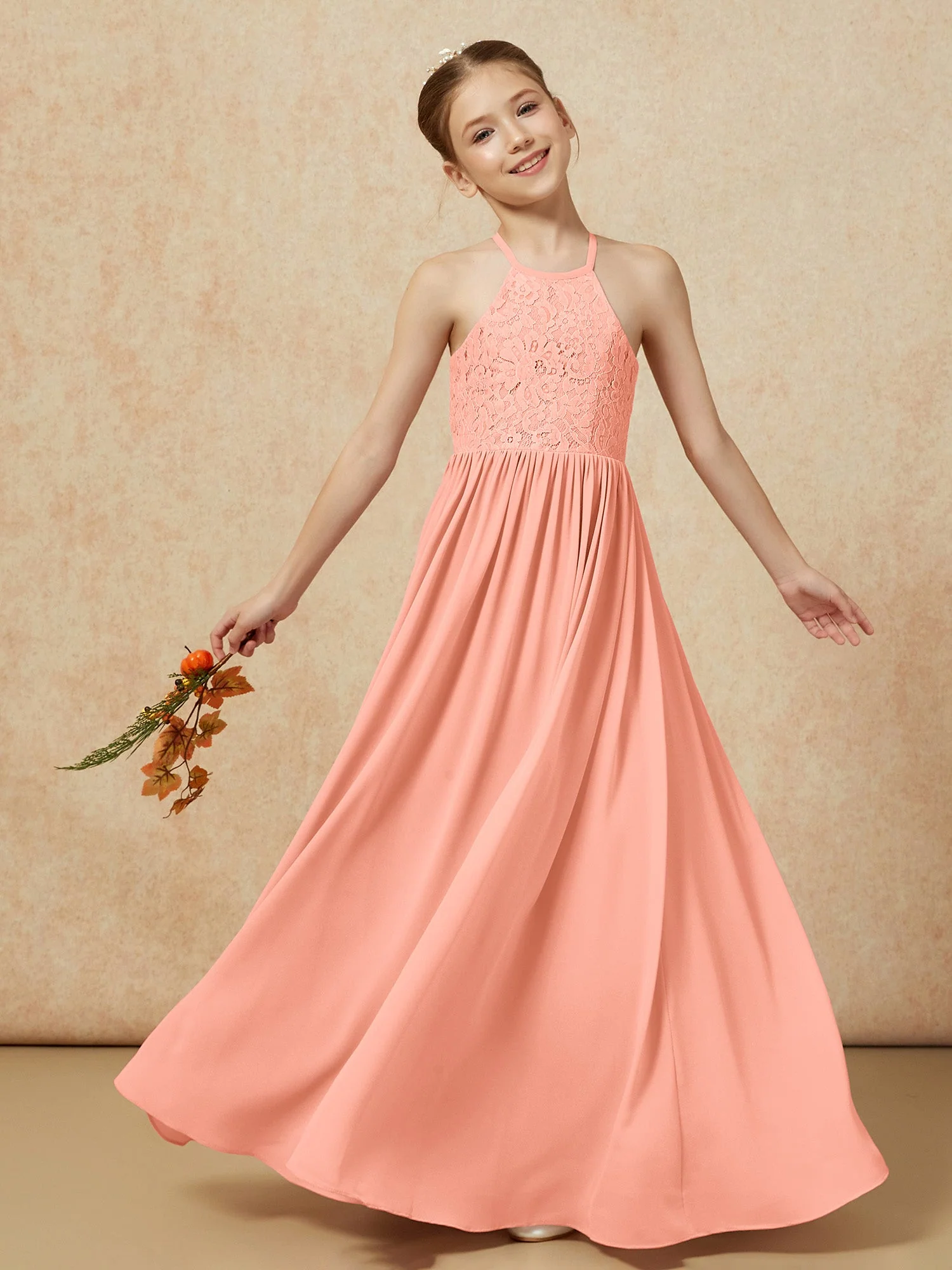 Plissee Spitzen Chiffon Lang Junge Brautjungfernkleider Papaya - Image 7
