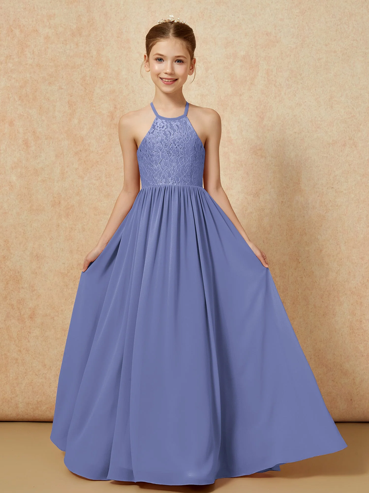 Plissee Spitzen Chiffon Lang Junge Brautjungfernkleider Periwinkleblau
