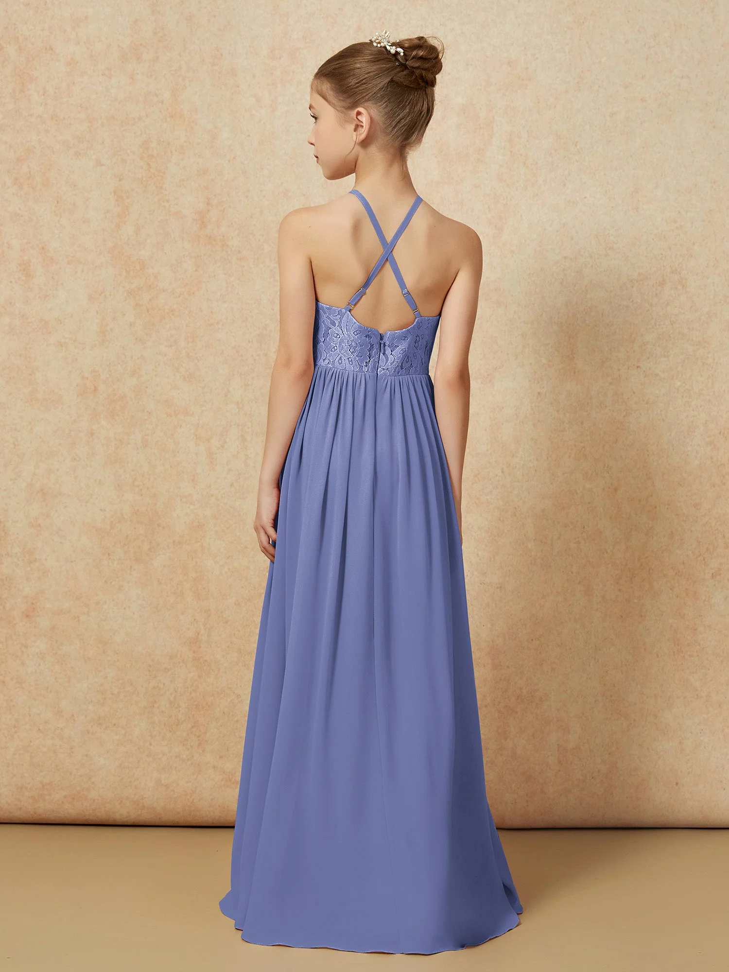 Plissee Spitzen Chiffon Lang Junge Brautjungfernkleider Periwinkleblau - Image 2