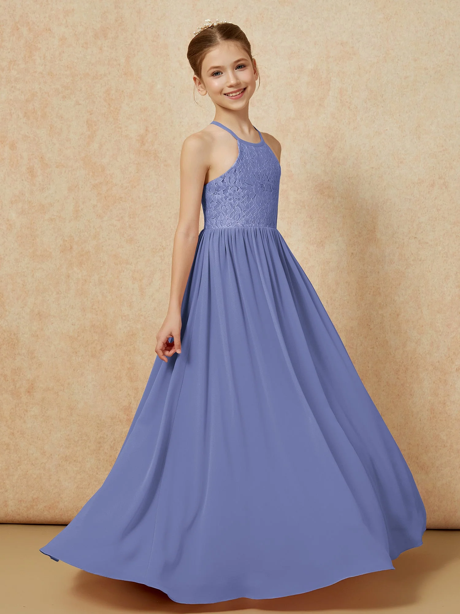Plissee Spitzen Chiffon Lang Junge Brautjungfernkleider Periwinkleblau - Image 3