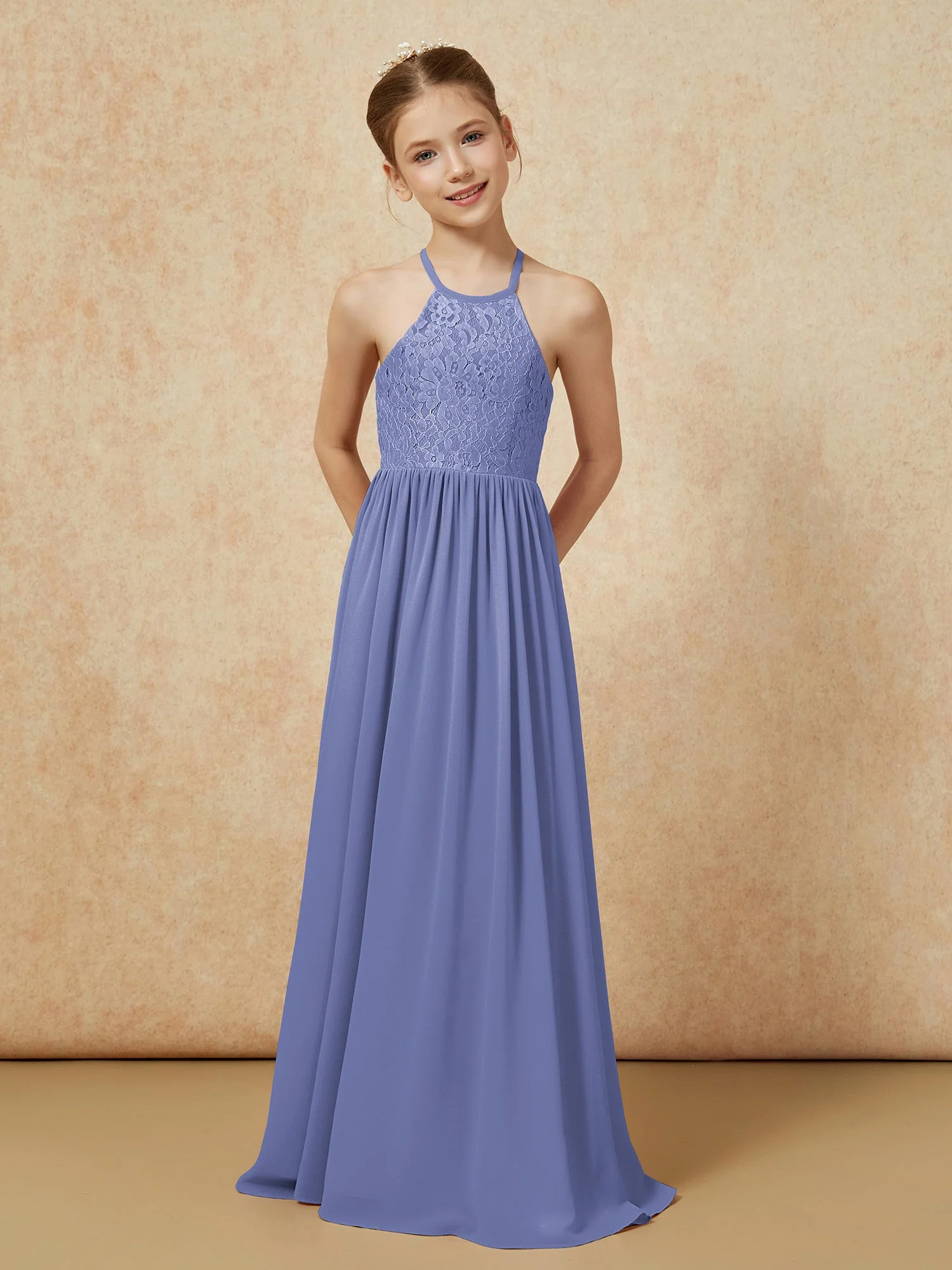 Plissee Spitzen Chiffon Lang Junge Brautjungfernkleider Periwinkleblau - Image 4