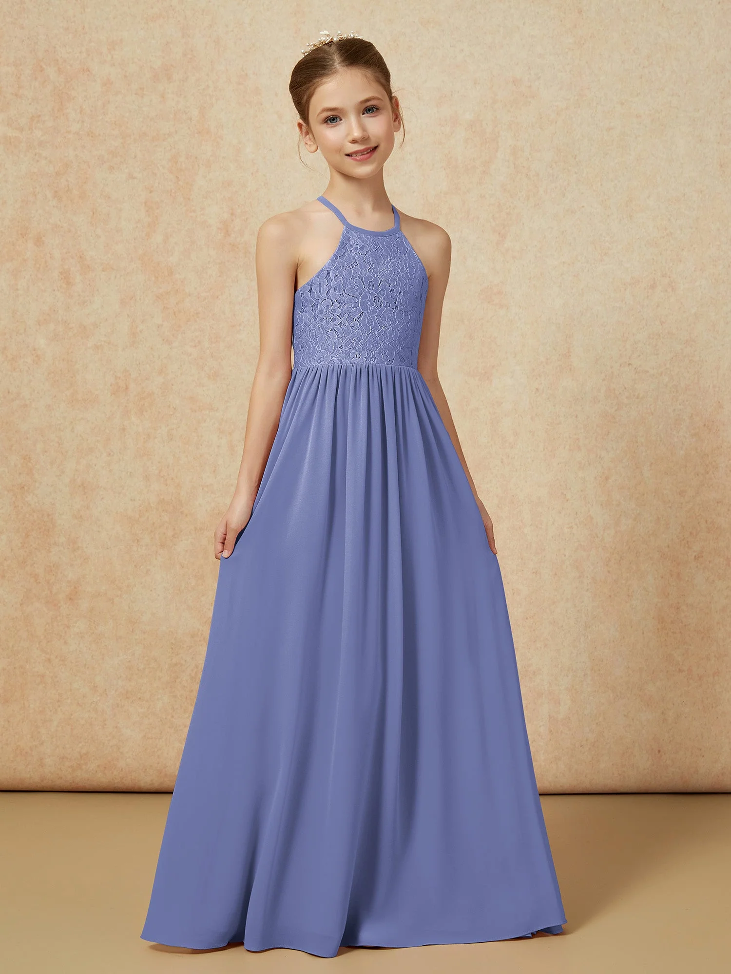 Plissee Spitzen Chiffon Lang Junge Brautjungfernkleider Periwinkleblau - Image 5