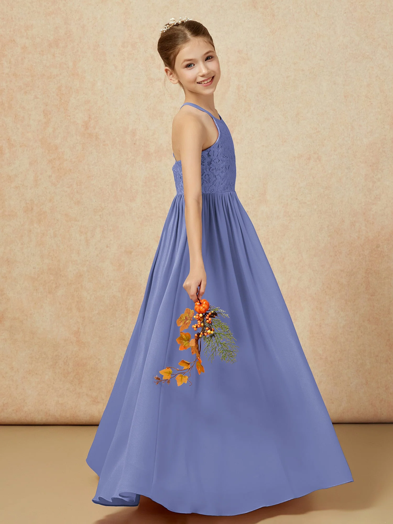 Plissee Spitzen Chiffon Lang Junge Brautjungfernkleider Periwinkleblau - Image 6
