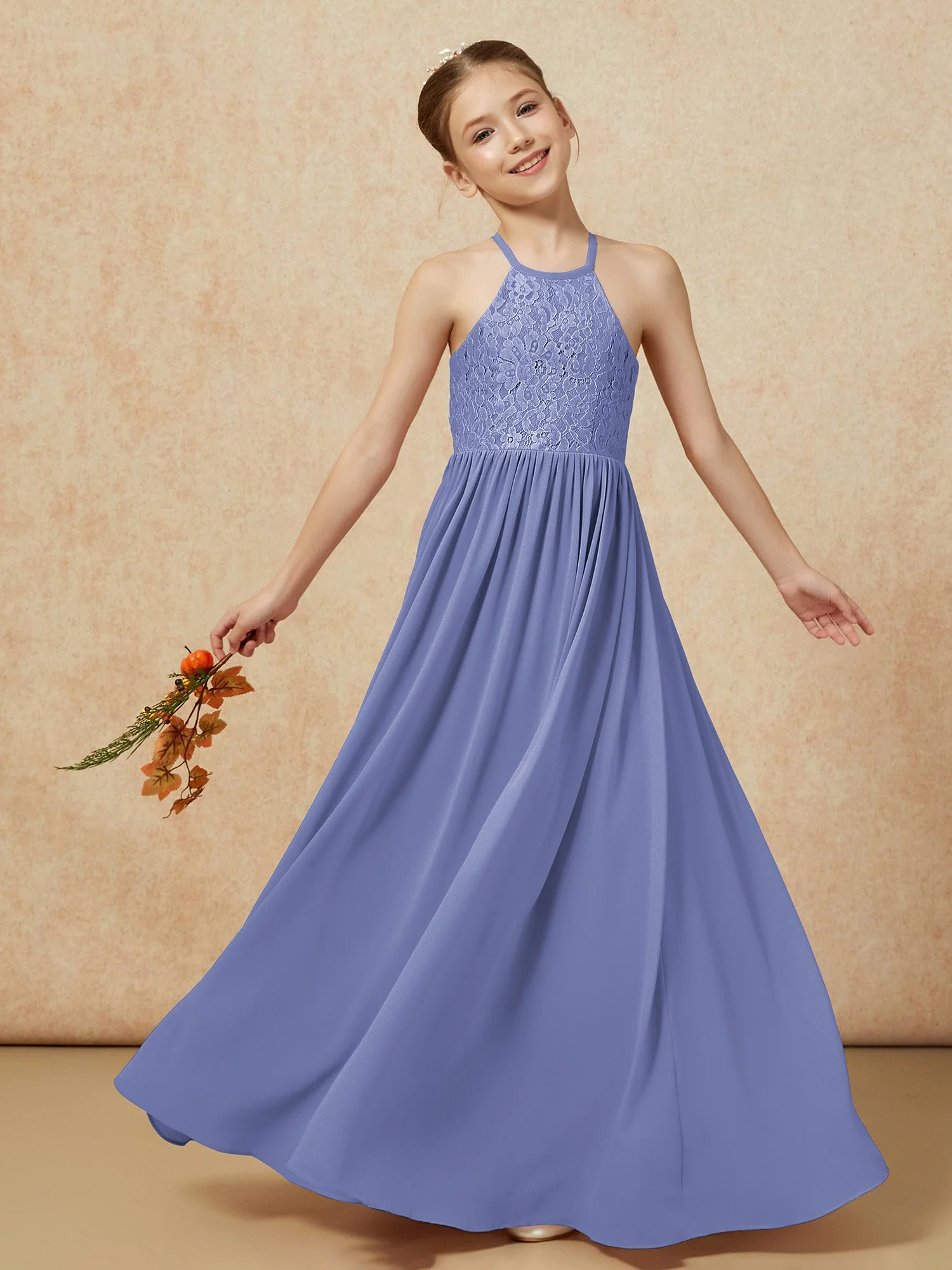 Plissee Spitzen Chiffon Lang Junge Brautjungfernkleider Periwinkleblau - Image 7