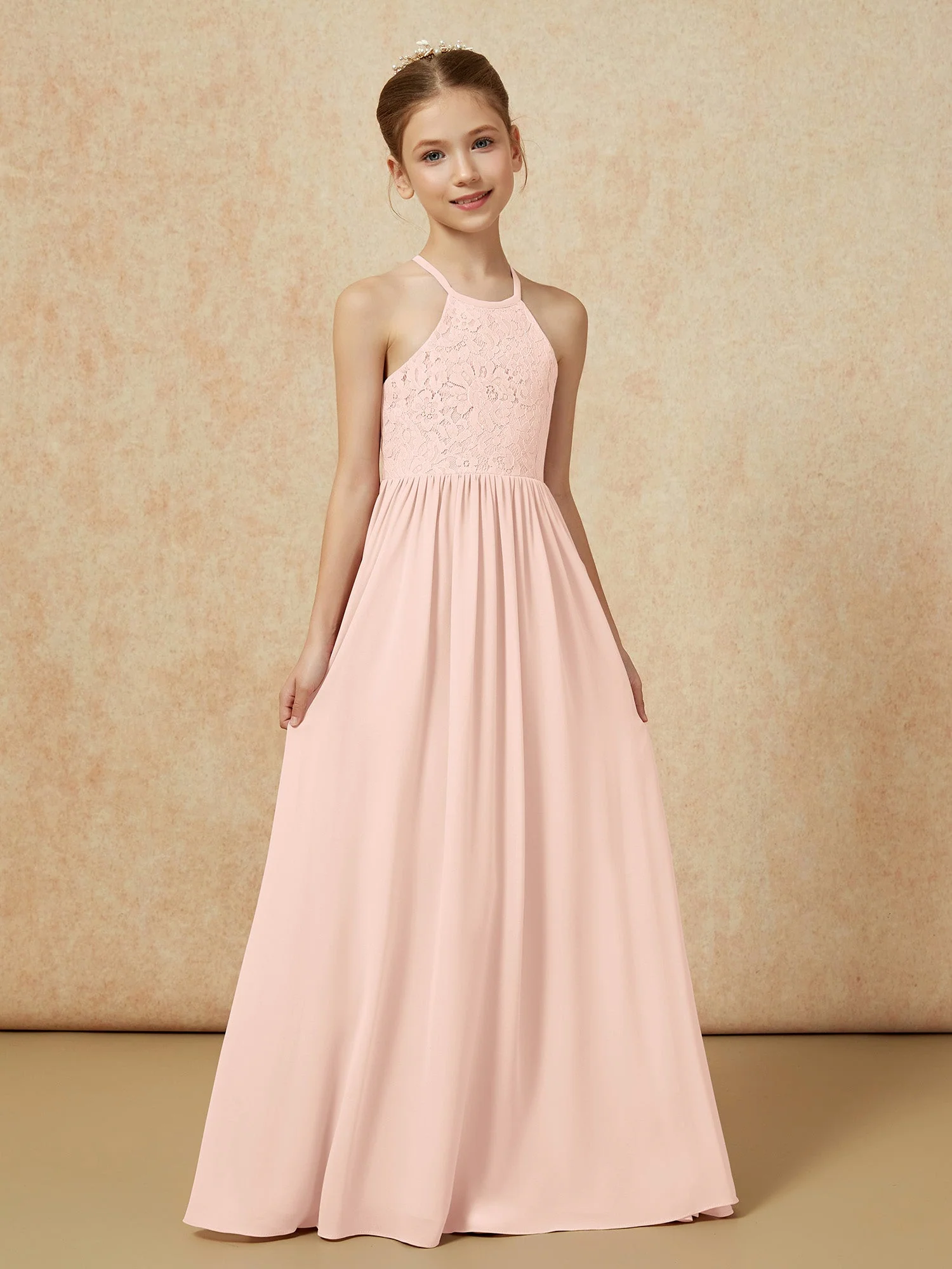 Plissee Spitzen Chiffon Lang Junge Brautjungfernkleider Perlrosa - Image 5