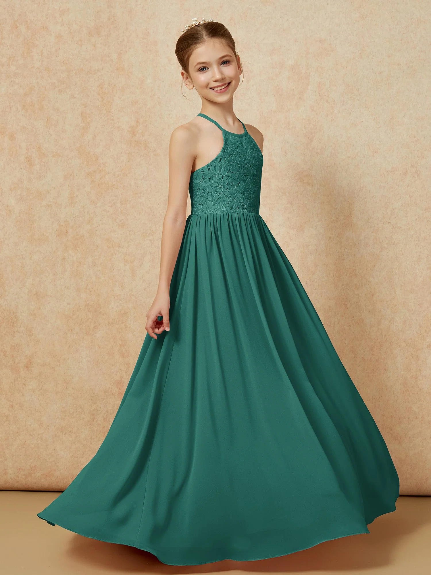 Plissee Spitzen Chiffon Lang Junge Brautjungfernkleider Pfau - Image 3