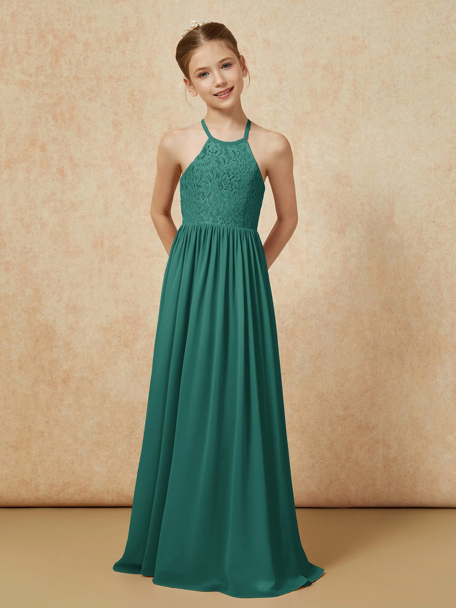 Plissee Spitzen Chiffon Lang Junge Brautjungfernkleider Pfau - Image 4