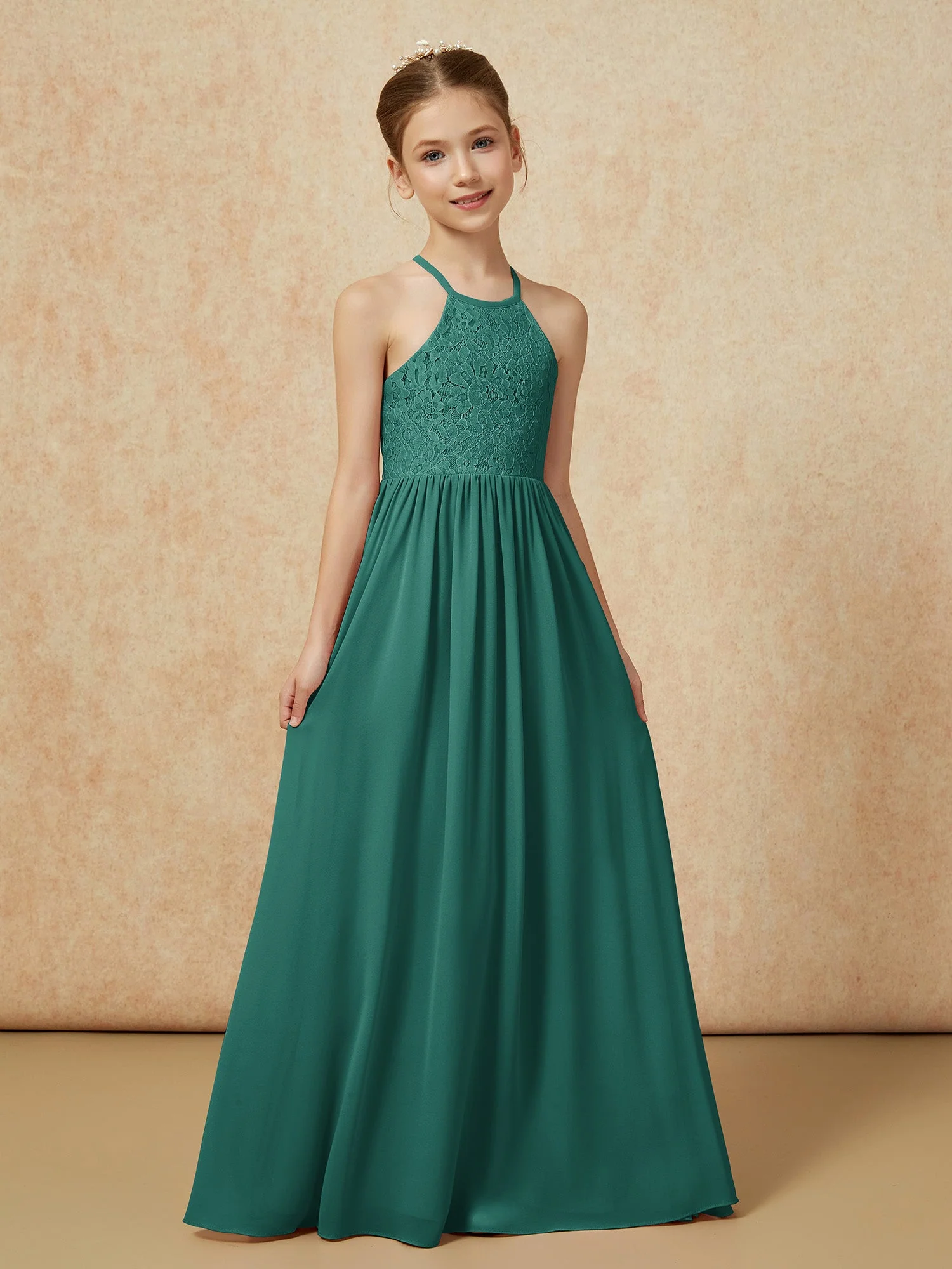 Plissee Spitzen Chiffon Lang Junge Brautjungfernkleider Pfau - Image 5
