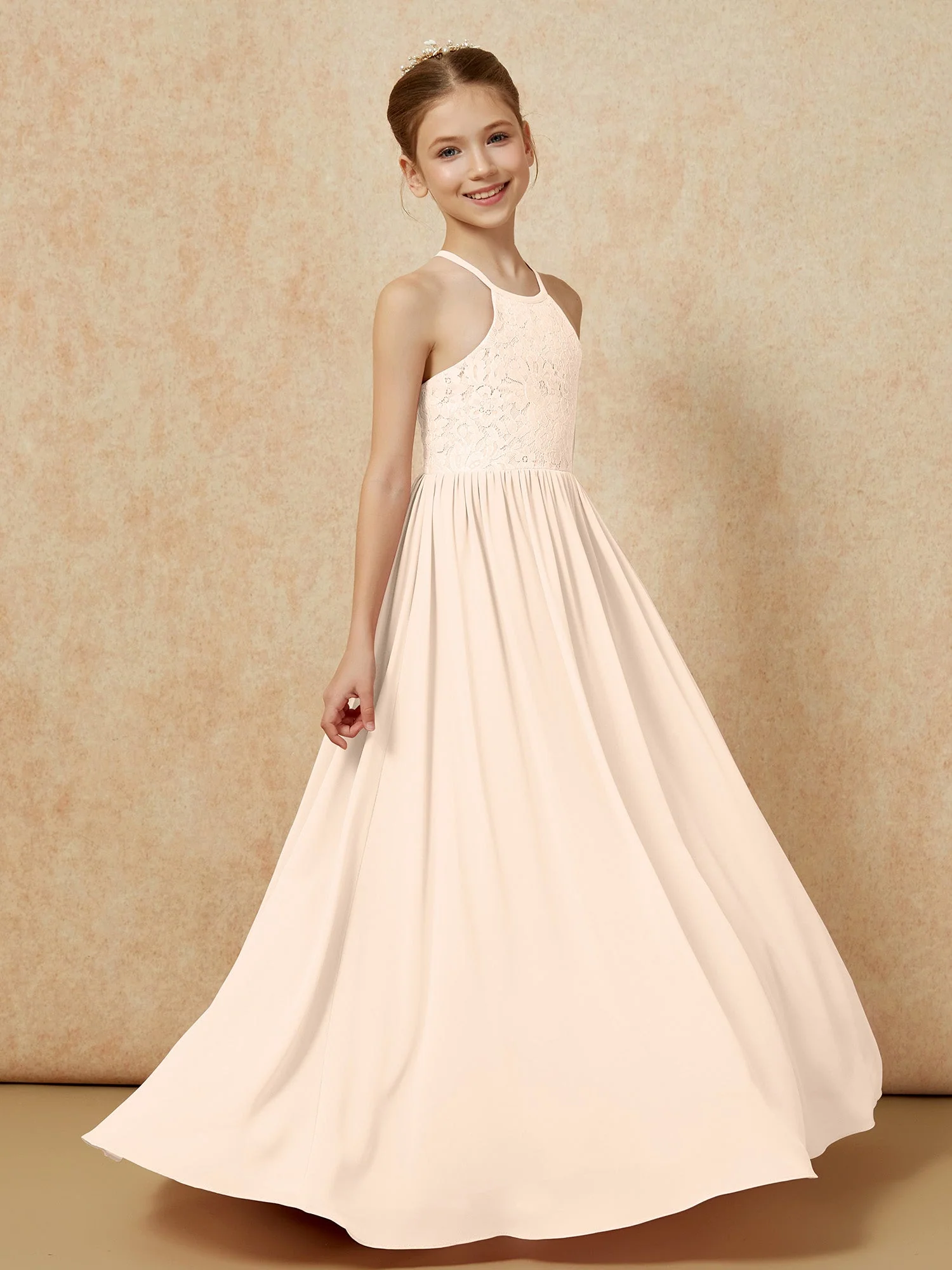 Plissee Spitzen Chiffon Lang Junge Brautjungfernkleider Pfirsich - Image 3