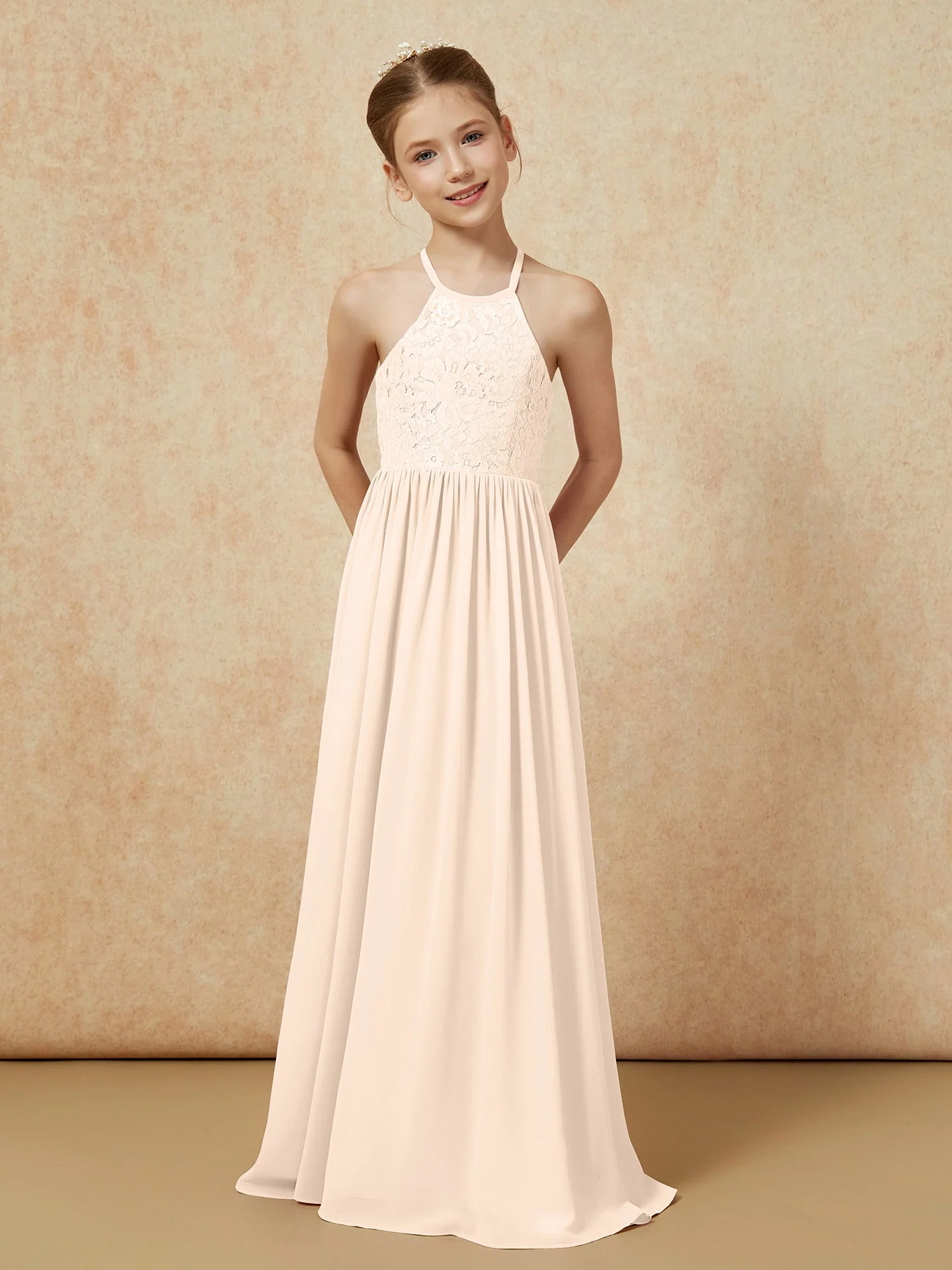 Plissee Spitzen Chiffon Lang Junge Brautjungfernkleider Pfirsich - Image 4