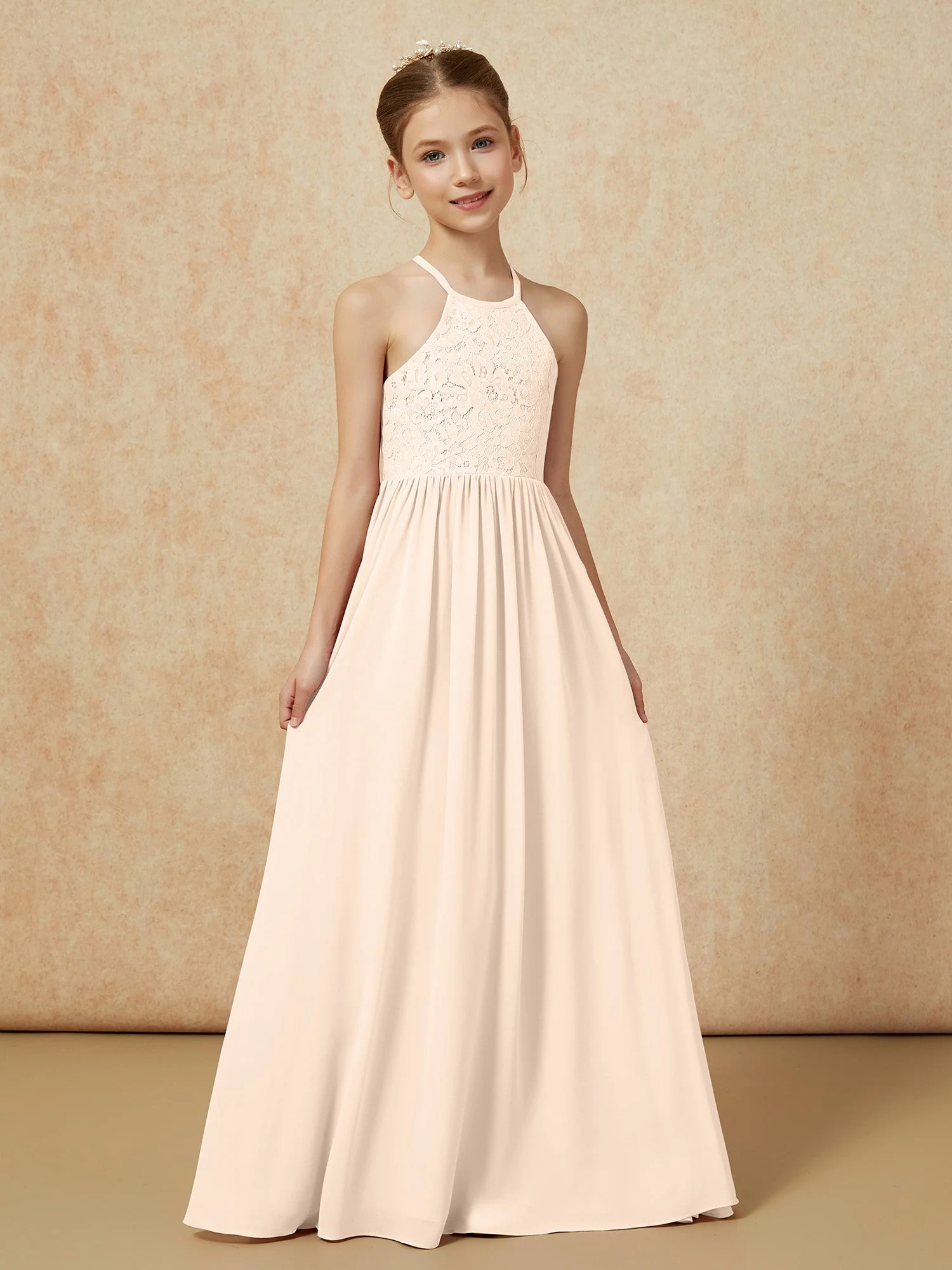 Plissee Spitzen Chiffon Lang Junge Brautjungfernkleider Pfirsich - Image 5