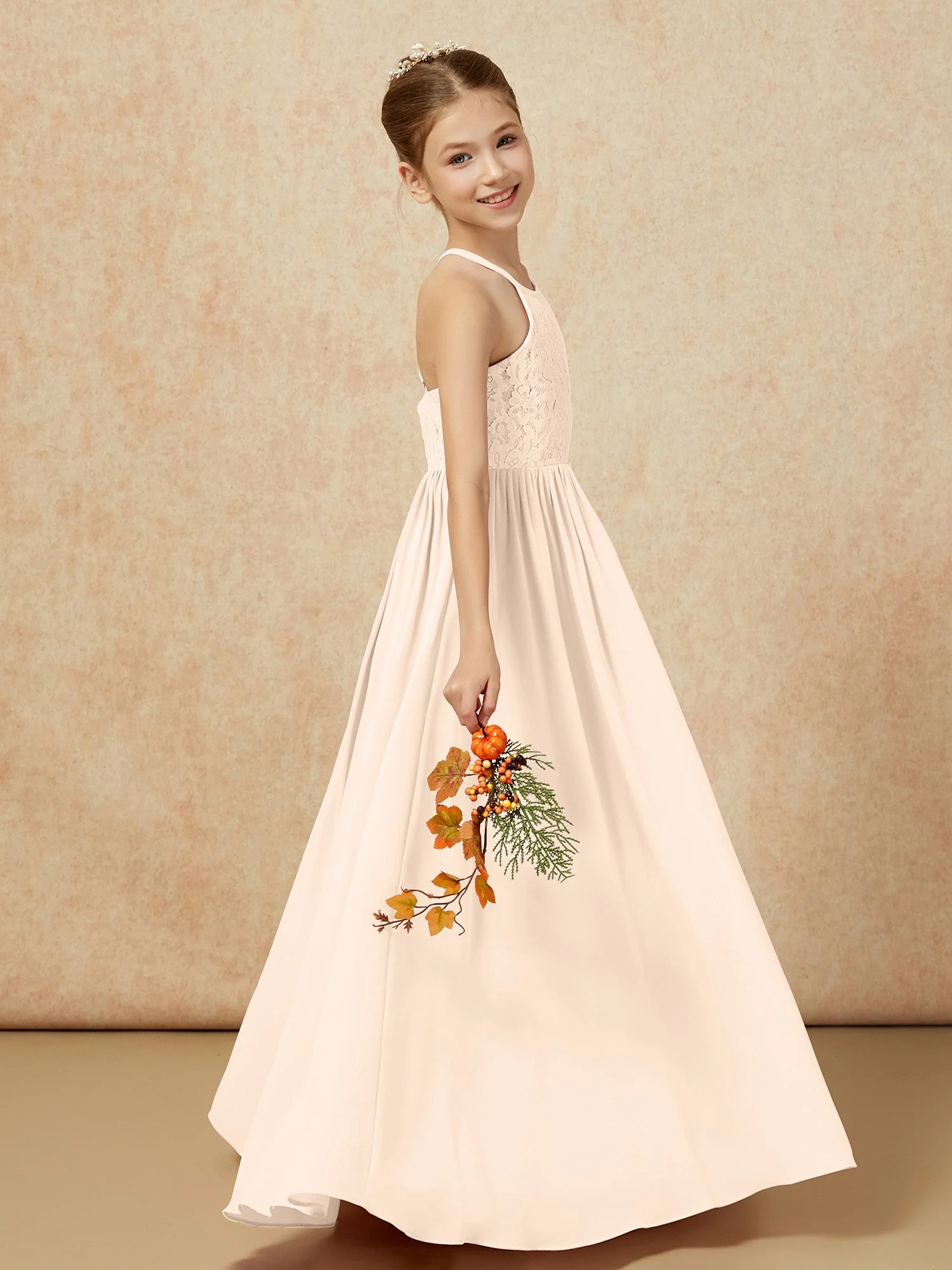 Plissee Spitzen Chiffon Lang Junge Brautjungfernkleider Pfirsich - Image 6