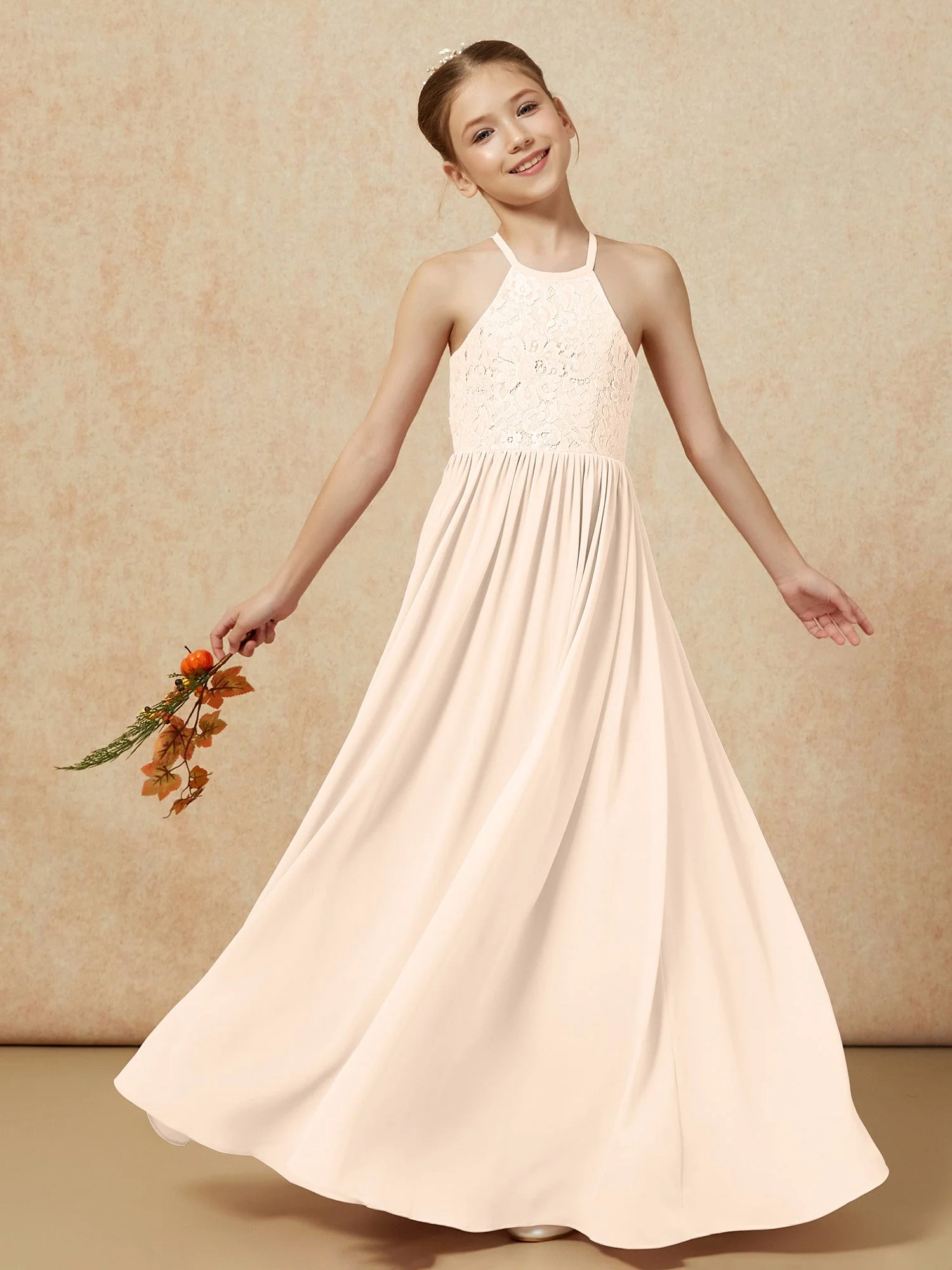 Plissee Spitzen Chiffon Lang Junge Brautjungfernkleider Pfirsich - Image 7