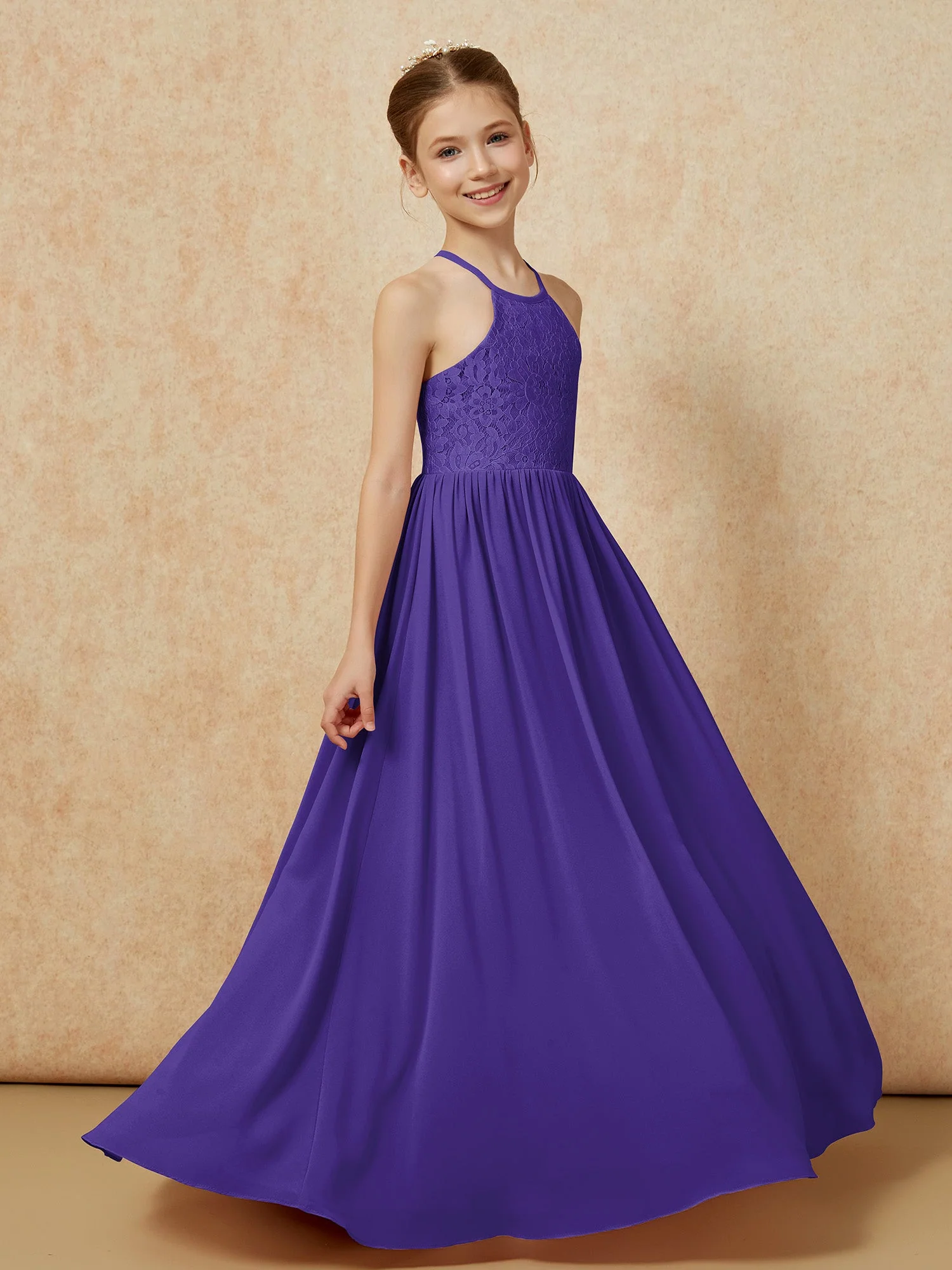 Plissee Spitzen Chiffon Lang Junge Brautjungfernkleider Regentschaft - Image 3