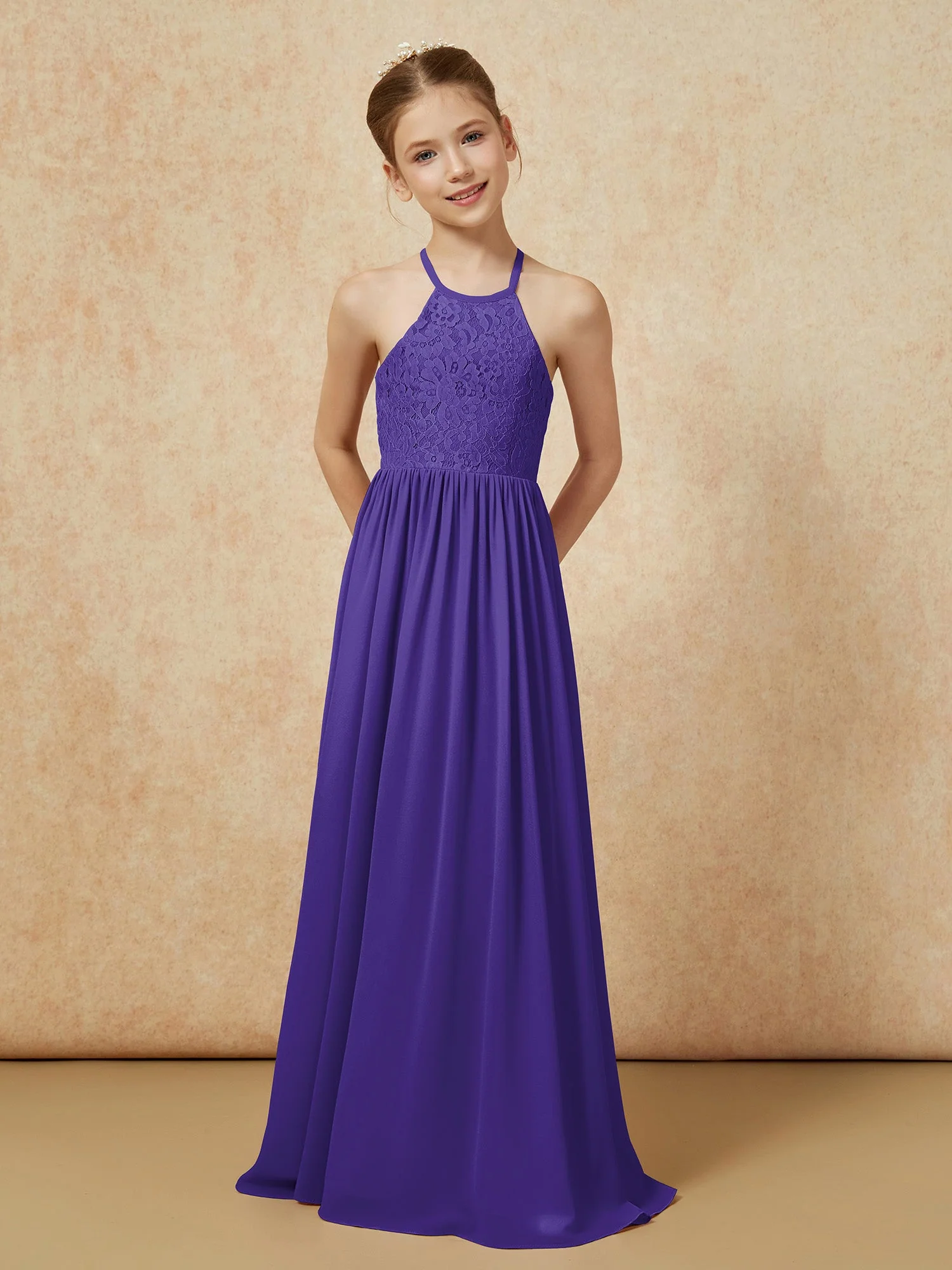Plissee Spitzen Chiffon Lang Junge Brautjungfernkleider Regentschaft - Image 4
