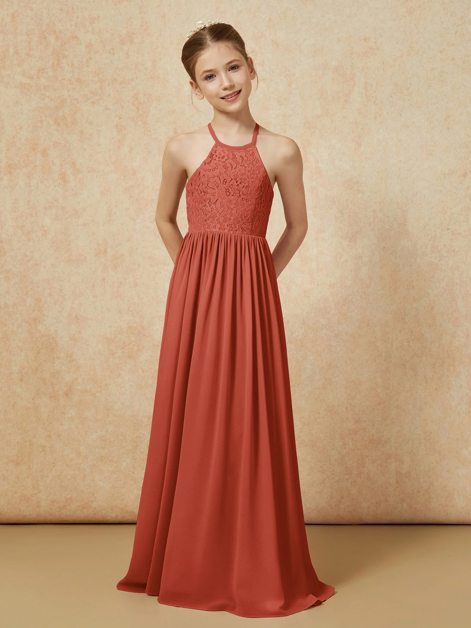 Plissee Spitzen Chiffon Lang Junge Brautjungfernkleider Rost - Image 4