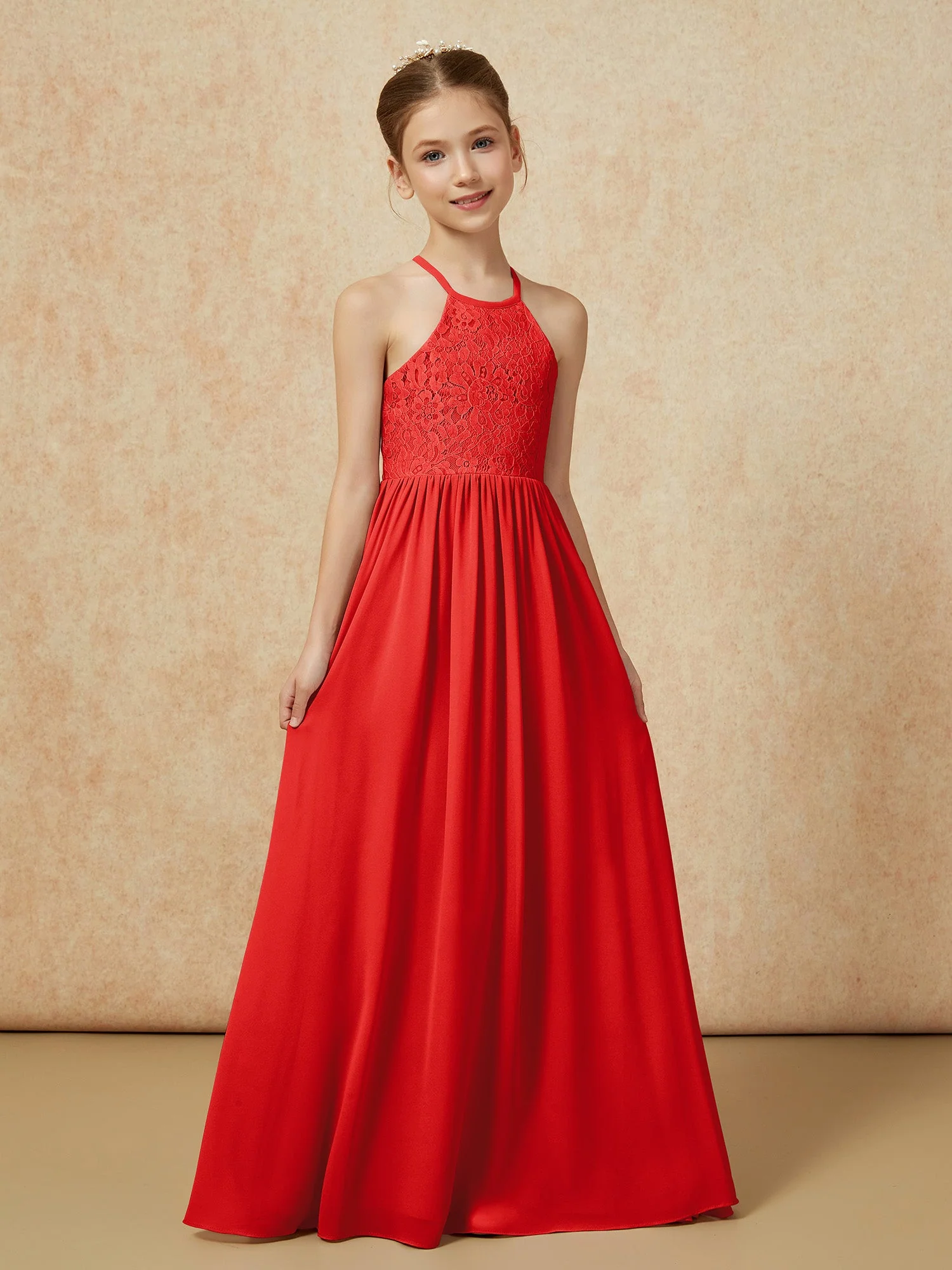 Plissee Spitzen Chiffon Lang Junge Brautjungfernkleider Rot - Image 5
