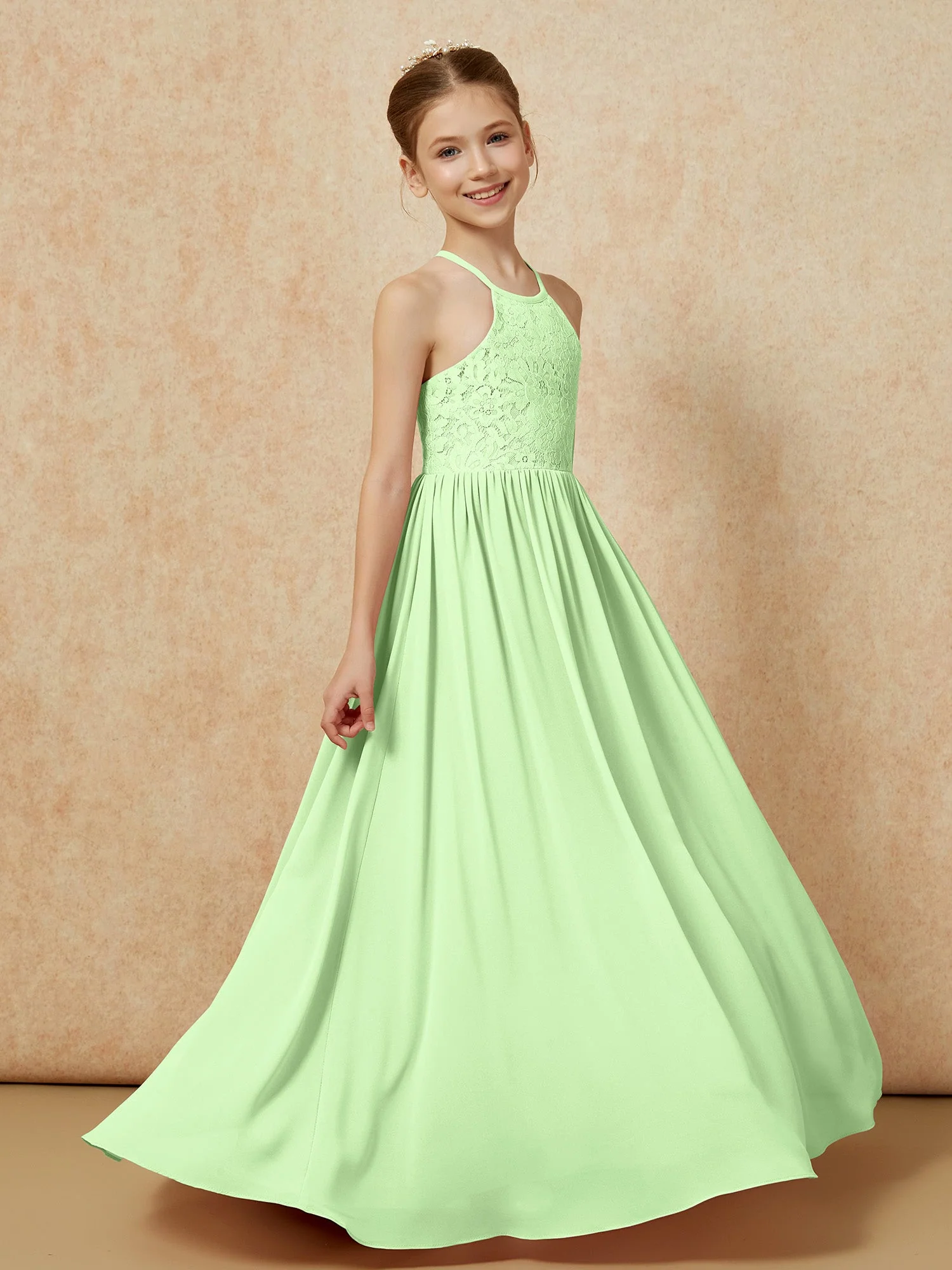 Plissee Spitzen Chiffon Lang Junge Brautjungfernkleider Salbei - Image 3
