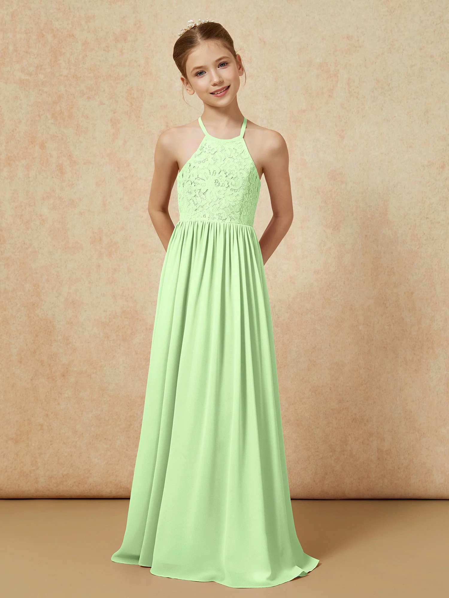 Plissee Spitzen Chiffon Lang Junge Brautjungfernkleider Salbei - Image 4