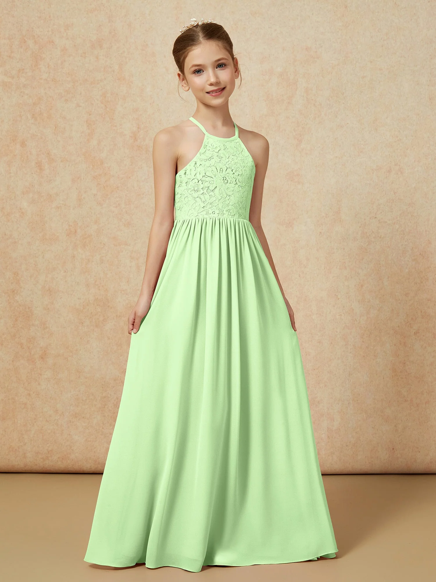 Plissee Spitzen Chiffon Lang Junge Brautjungfernkleider Salbei - Image 5