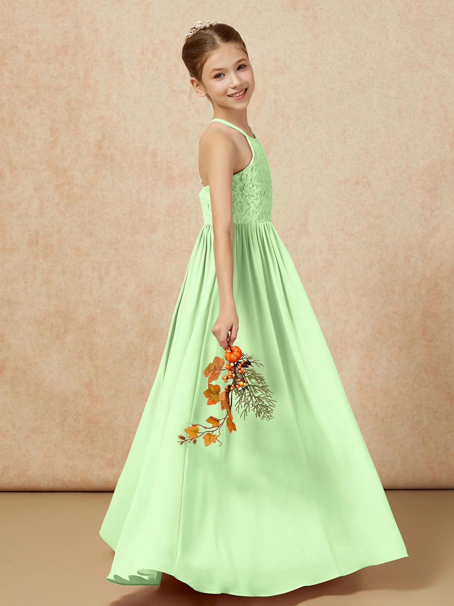 Plissee Spitzen Chiffon Lang Junge Brautjungfernkleider Salbei - Image 6