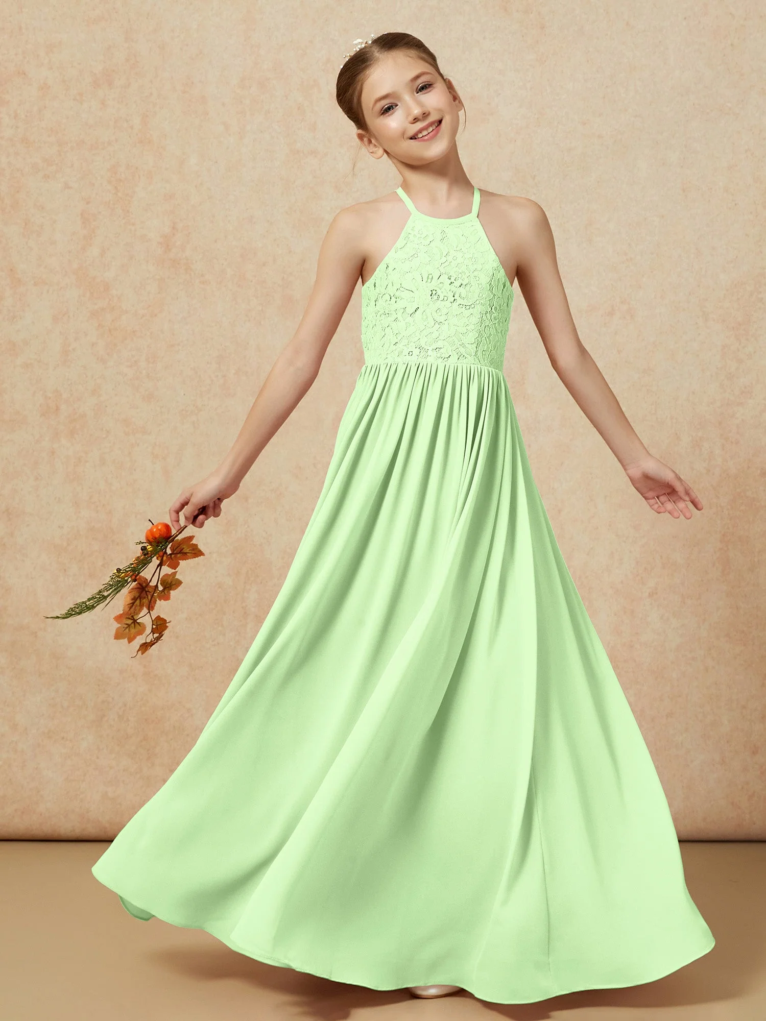 Plissee Spitzen Chiffon Lang Junge Brautjungfernkleider Salbei - Image 7