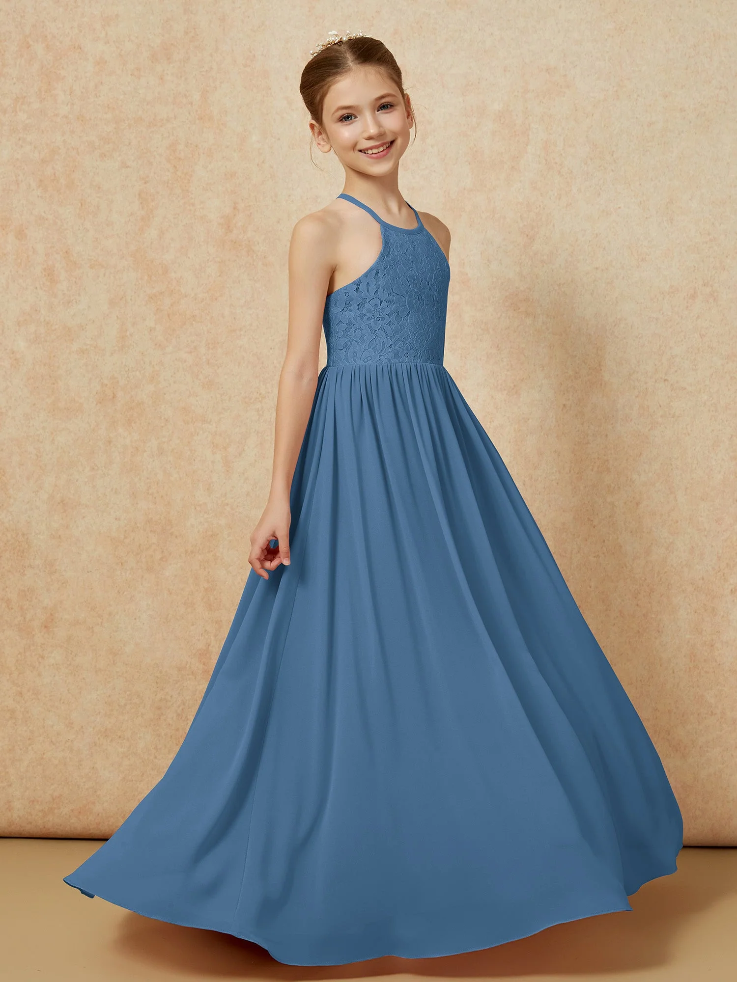 Plissee Spitzen Chiffon Lang Junge Brautjungfernkleider Schiefer Blau - Image 3