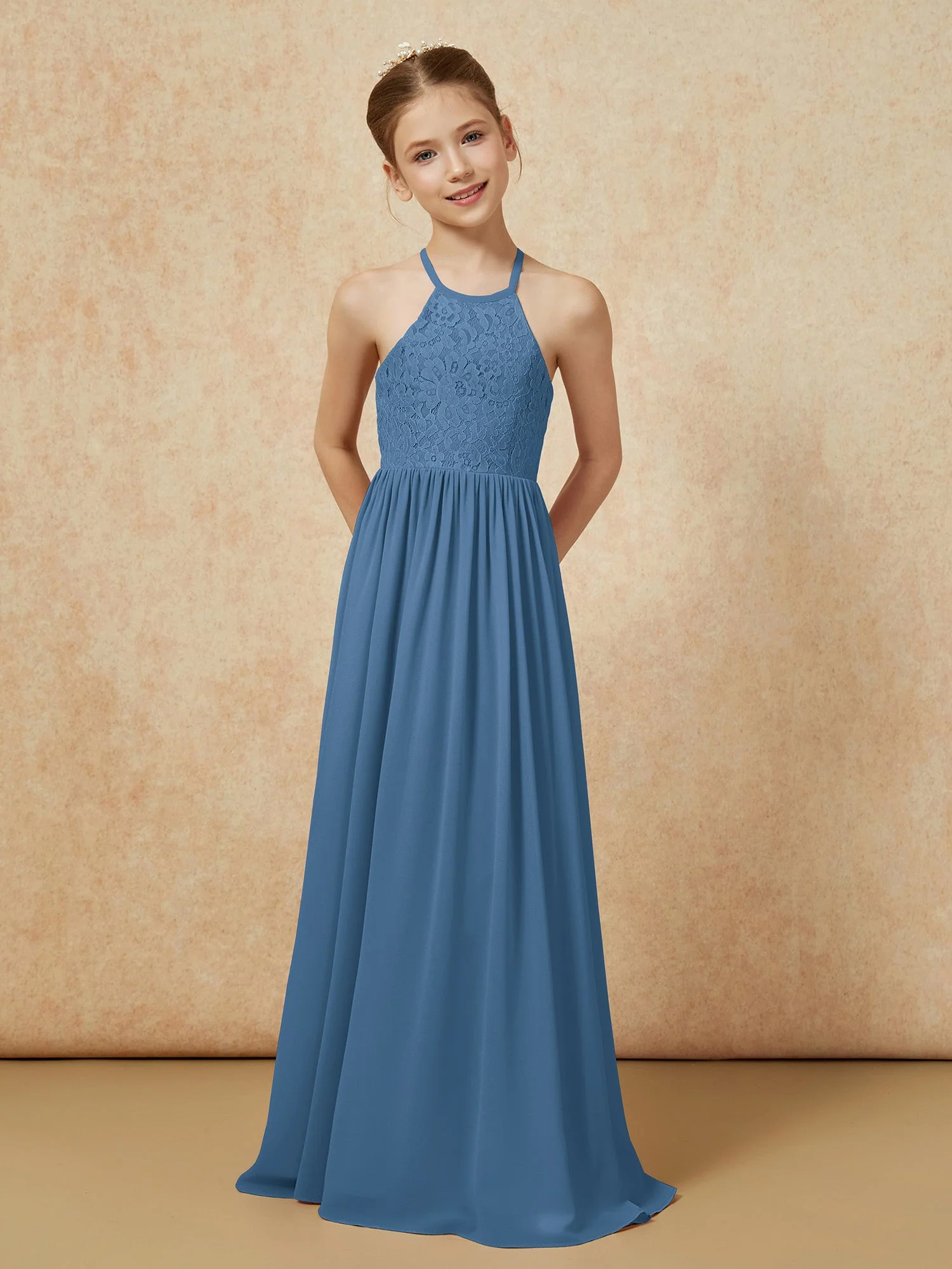 Plissee Spitzen Chiffon Lang Junge Brautjungfernkleider Schiefer Blau - Image 4