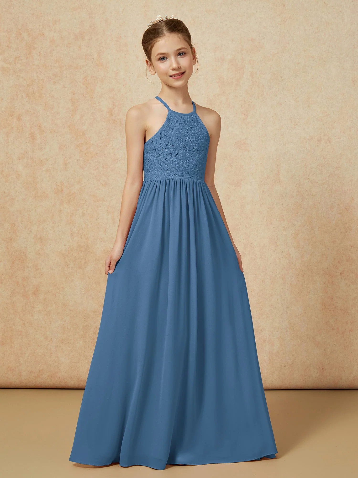 Plissee Spitzen Chiffon Lang Junge Brautjungfernkleider Schiefer Blau - Image 5
