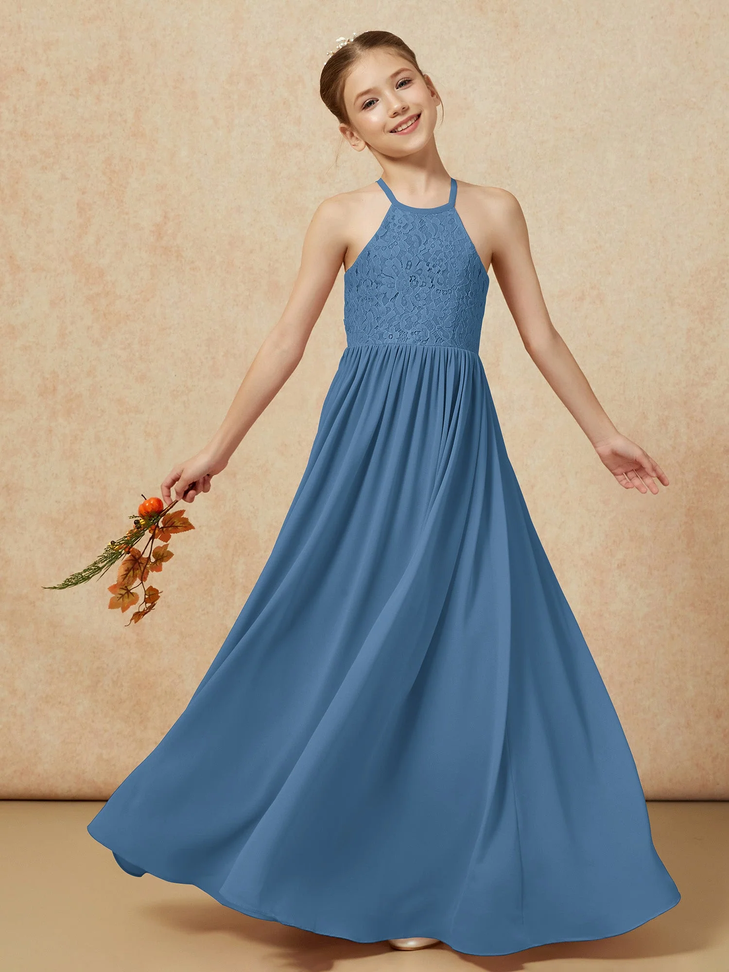 Plissee Spitzen Chiffon Lang Junge Brautjungfernkleider Schiefer Blau - Image 7