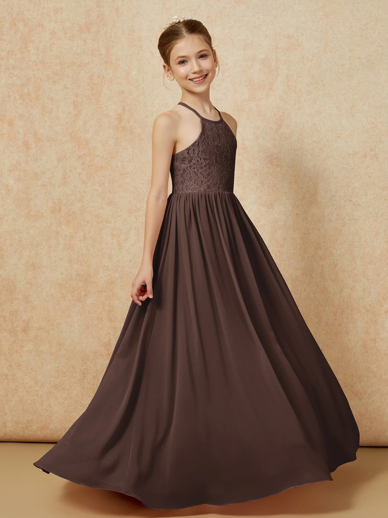 Plissee Spitzen Chiffon Lang Junge Brautjungfernkleider Schokolade - Image 3