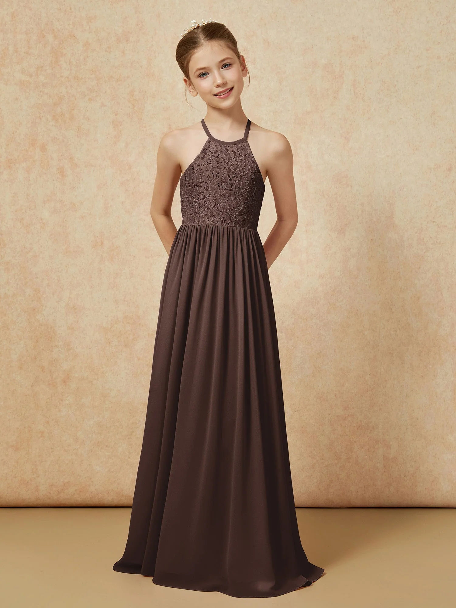 Plissee Spitzen Chiffon Lang Junge Brautjungfernkleider Schokolade - Image 4