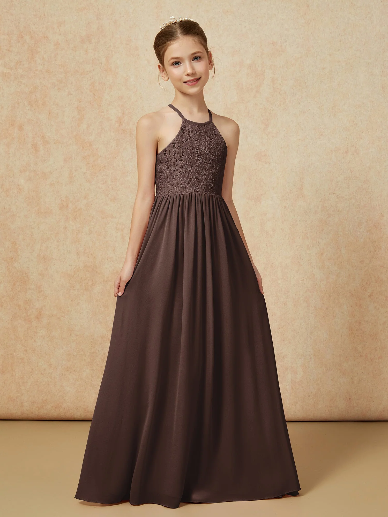 Plissee Spitzen Chiffon Lang Junge Brautjungfernkleider Schokolade - Image 5