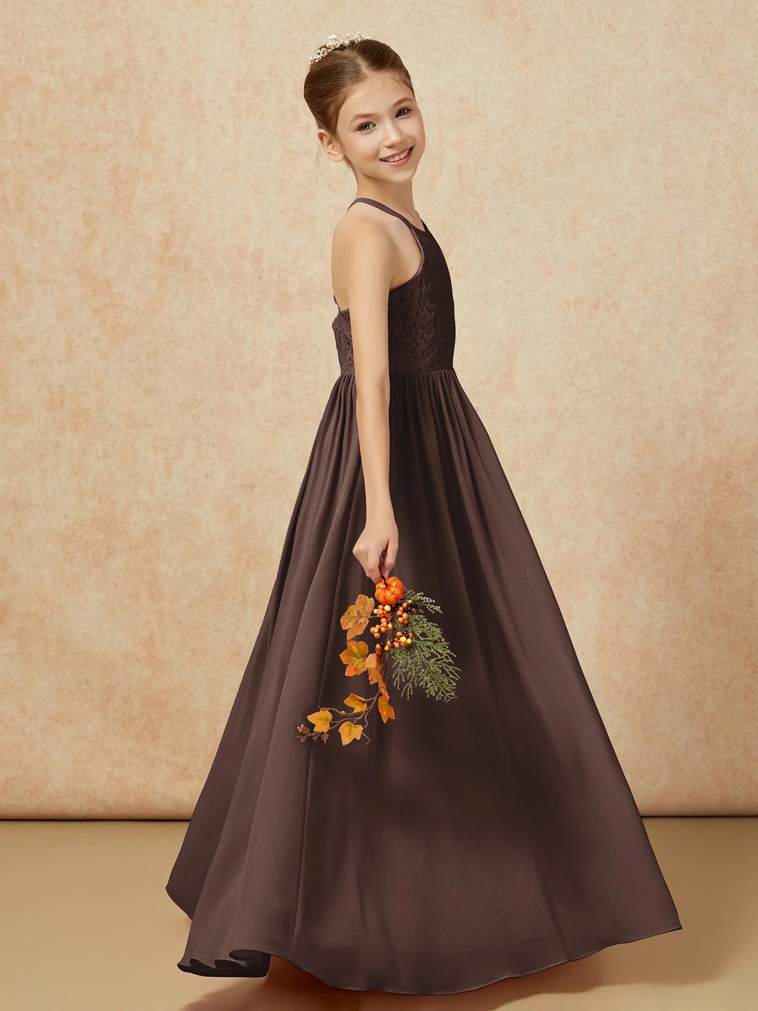 Plissee Spitzen Chiffon Lang Junge Brautjungfernkleider Schokolade - Image 6