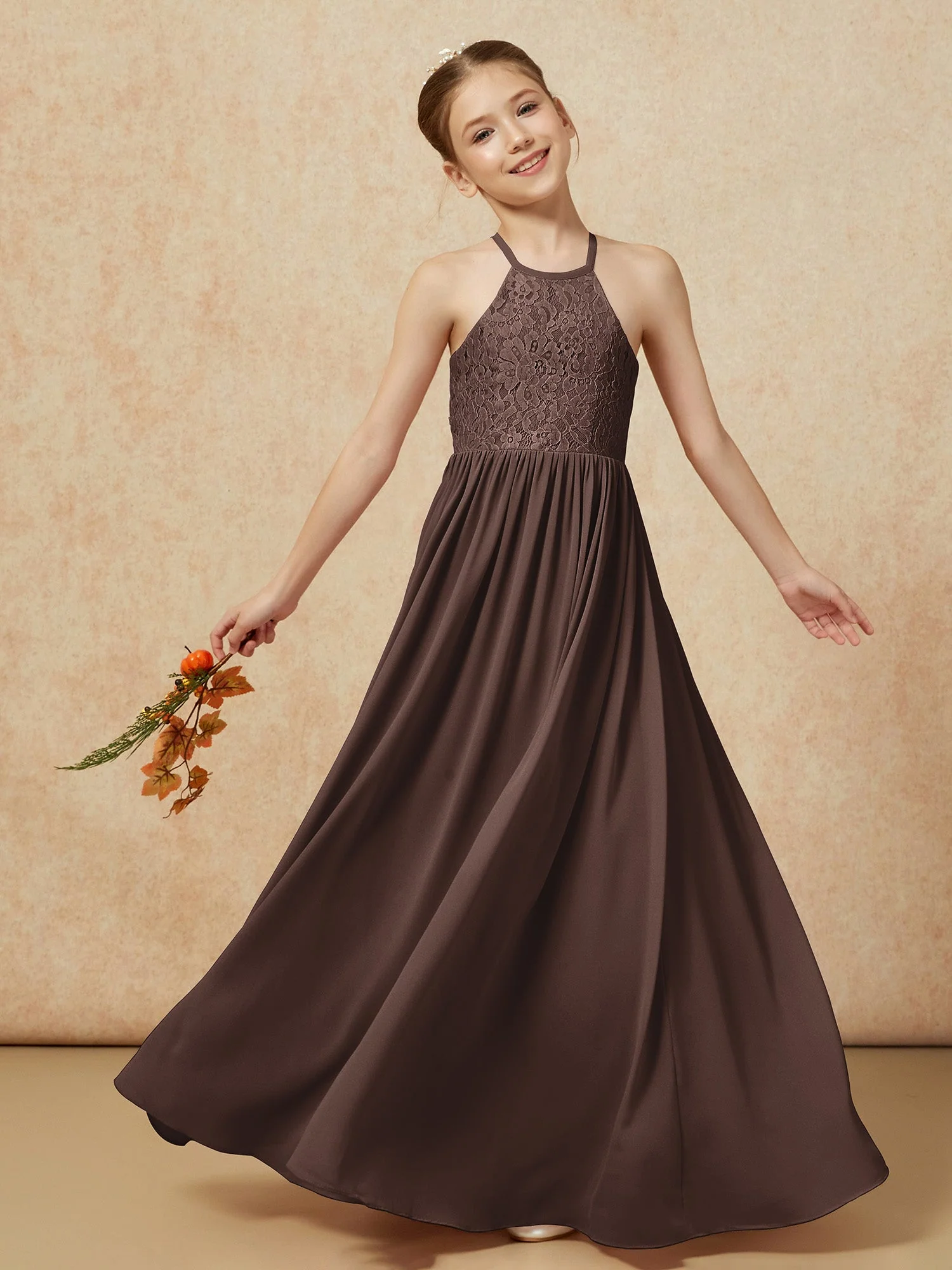 Plissee Spitzen Chiffon Lang Junge Brautjungfernkleider Schokolade - Image 7