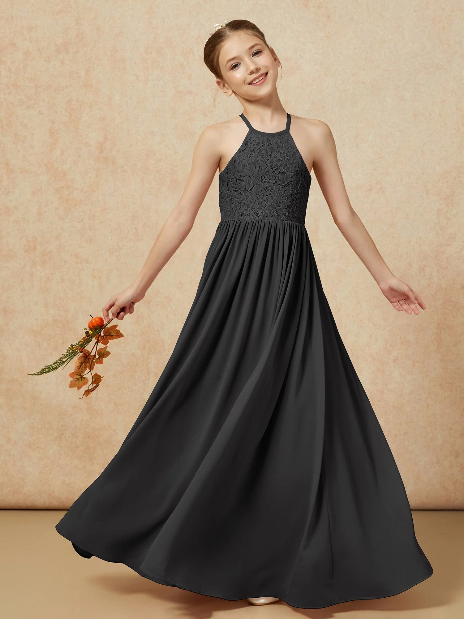 Plissee Spitzen Chiffon Lang Junge Brautjungfernkleider Schwarz - Image 7
