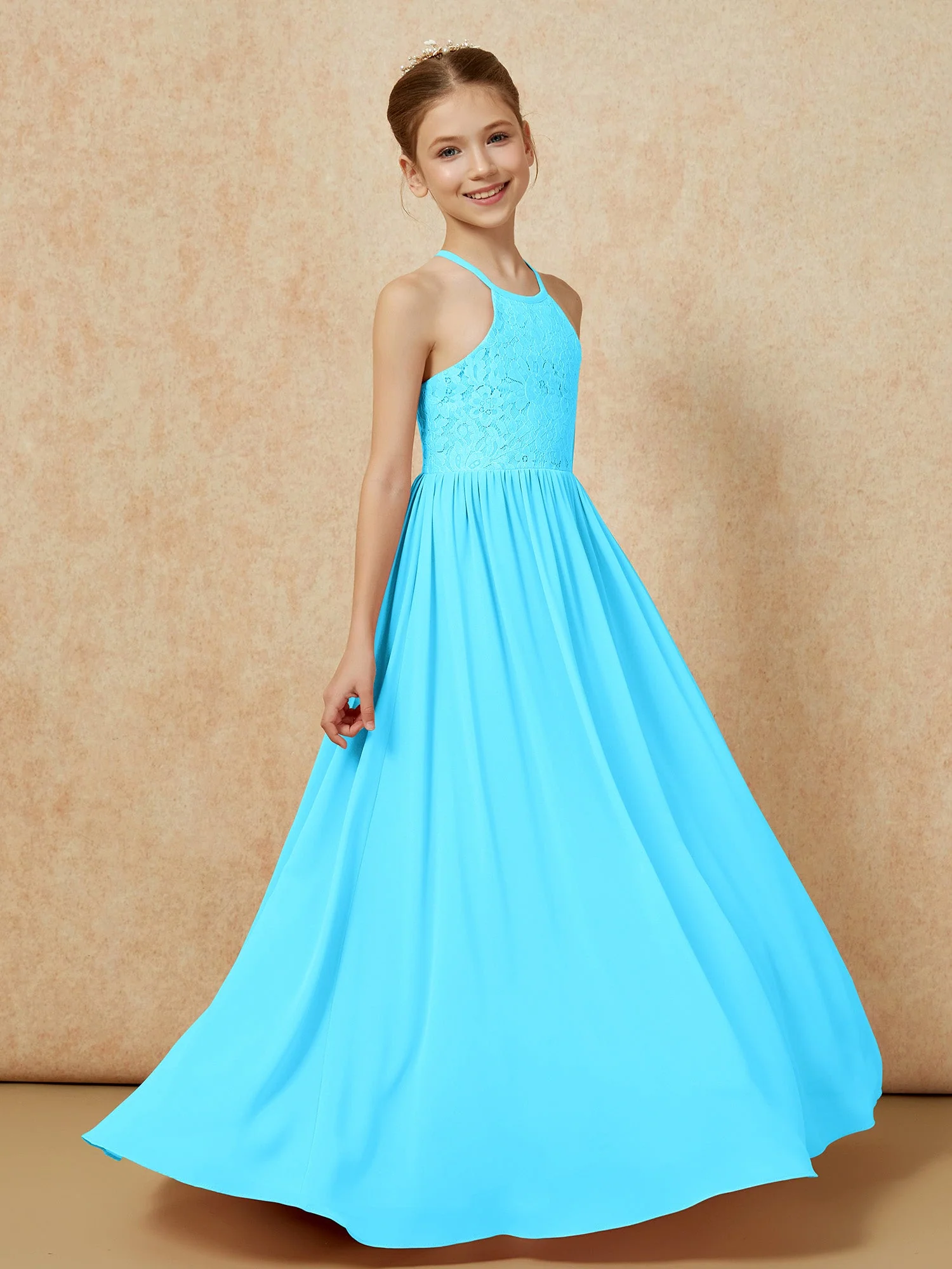 Plissee Spitzen Chiffon Lang Junge Brautjungfernkleider Schwimmbadblau - Image 3